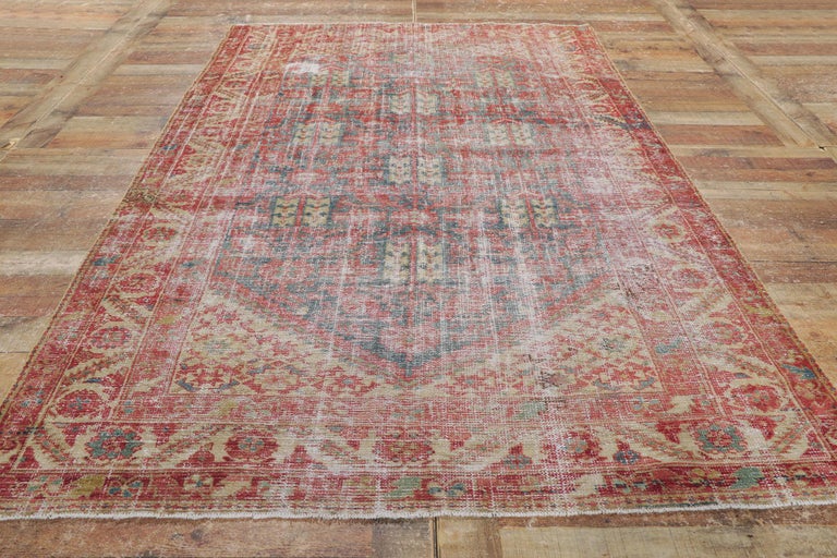 Distressed Antique Persian Malayer Rug with Mina Khani Design and Guli Henna For Sale 1