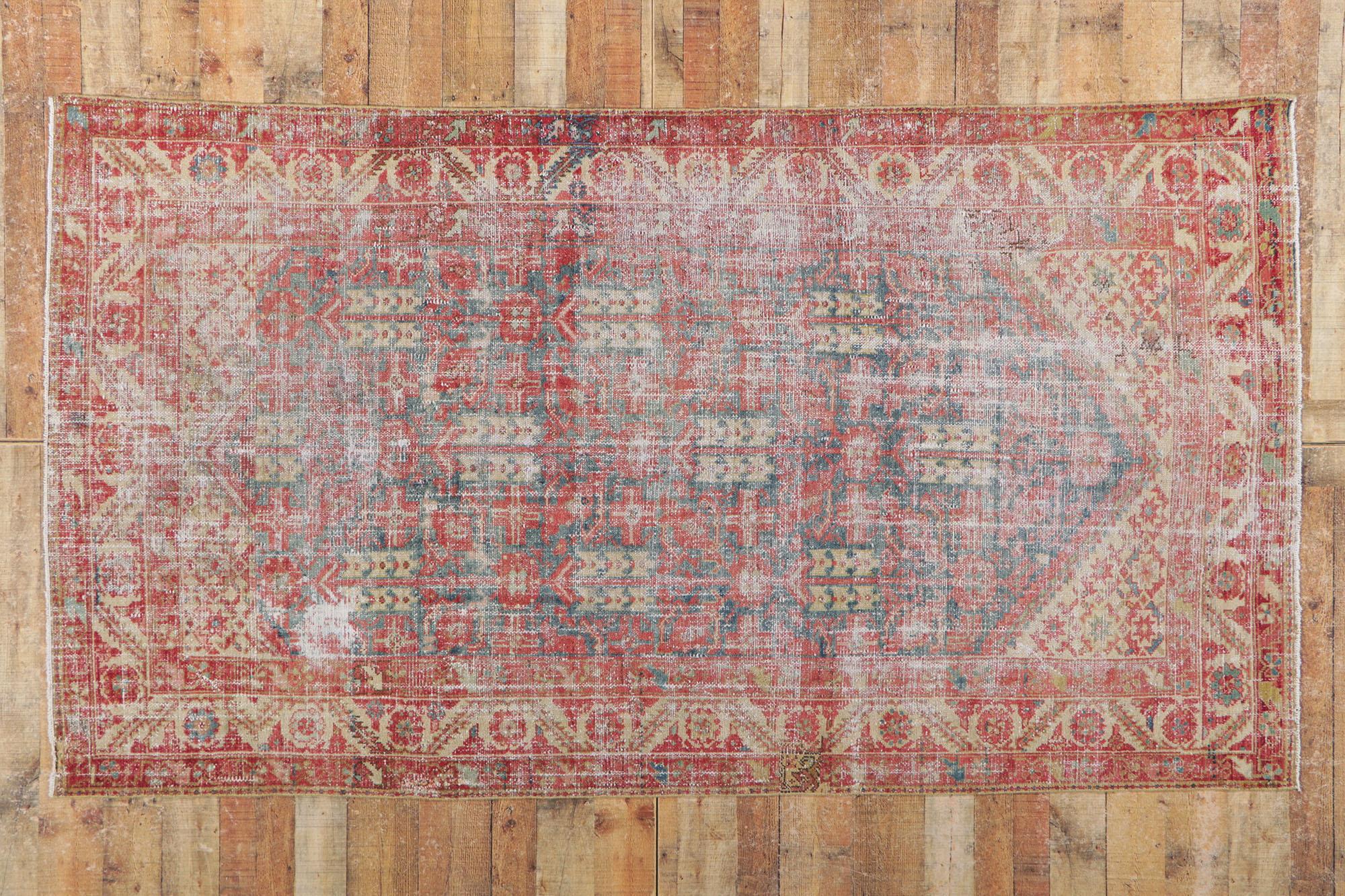 Wool Distressed Antique Persian Malayer Rug with Mina Khani Design and Guli Henna For Sale