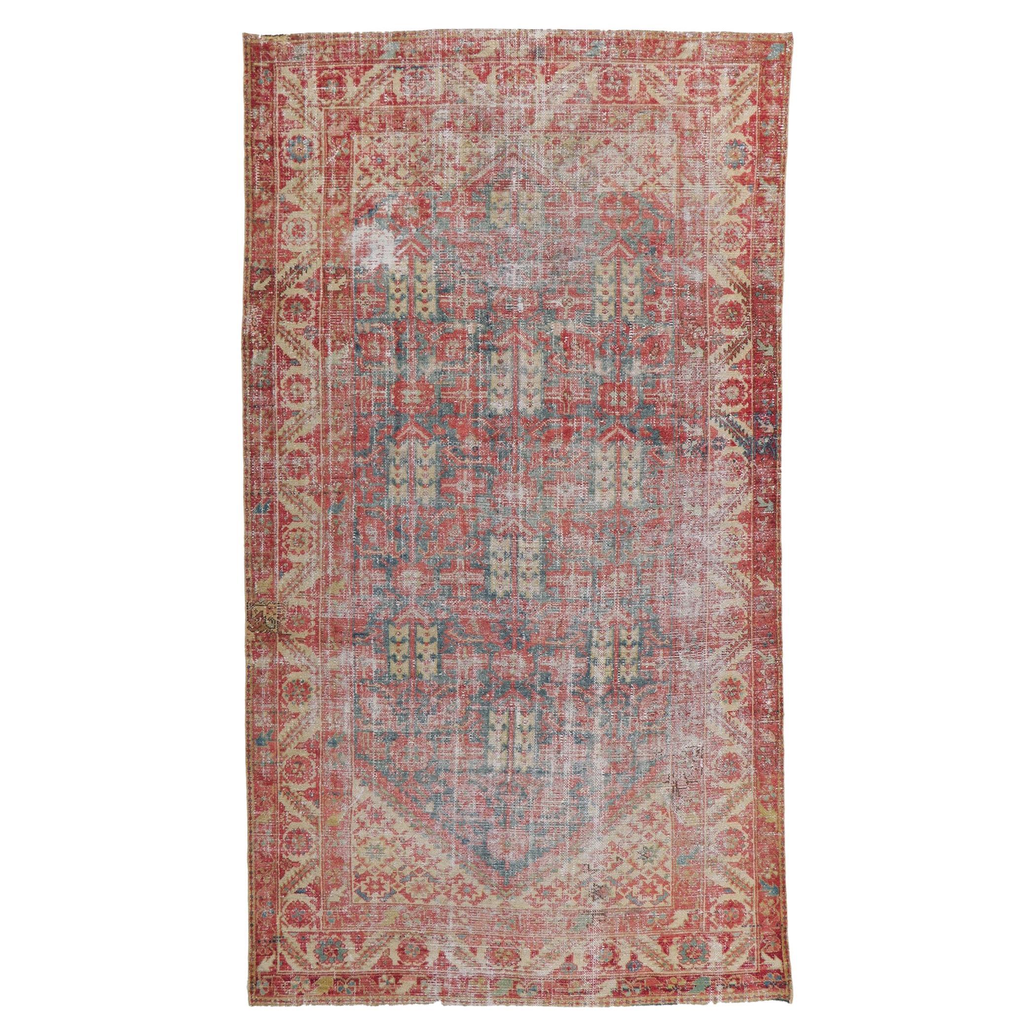 Distressed Antique Persian Malayer Rug with Mina Khani Design and Guli Henna For Sale