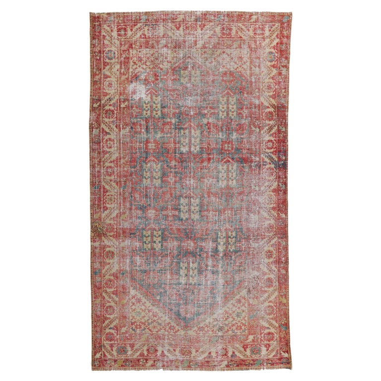 Distressed Antique Persian Malayer Rug with Mina Khani Design and Guli Henna For Sale