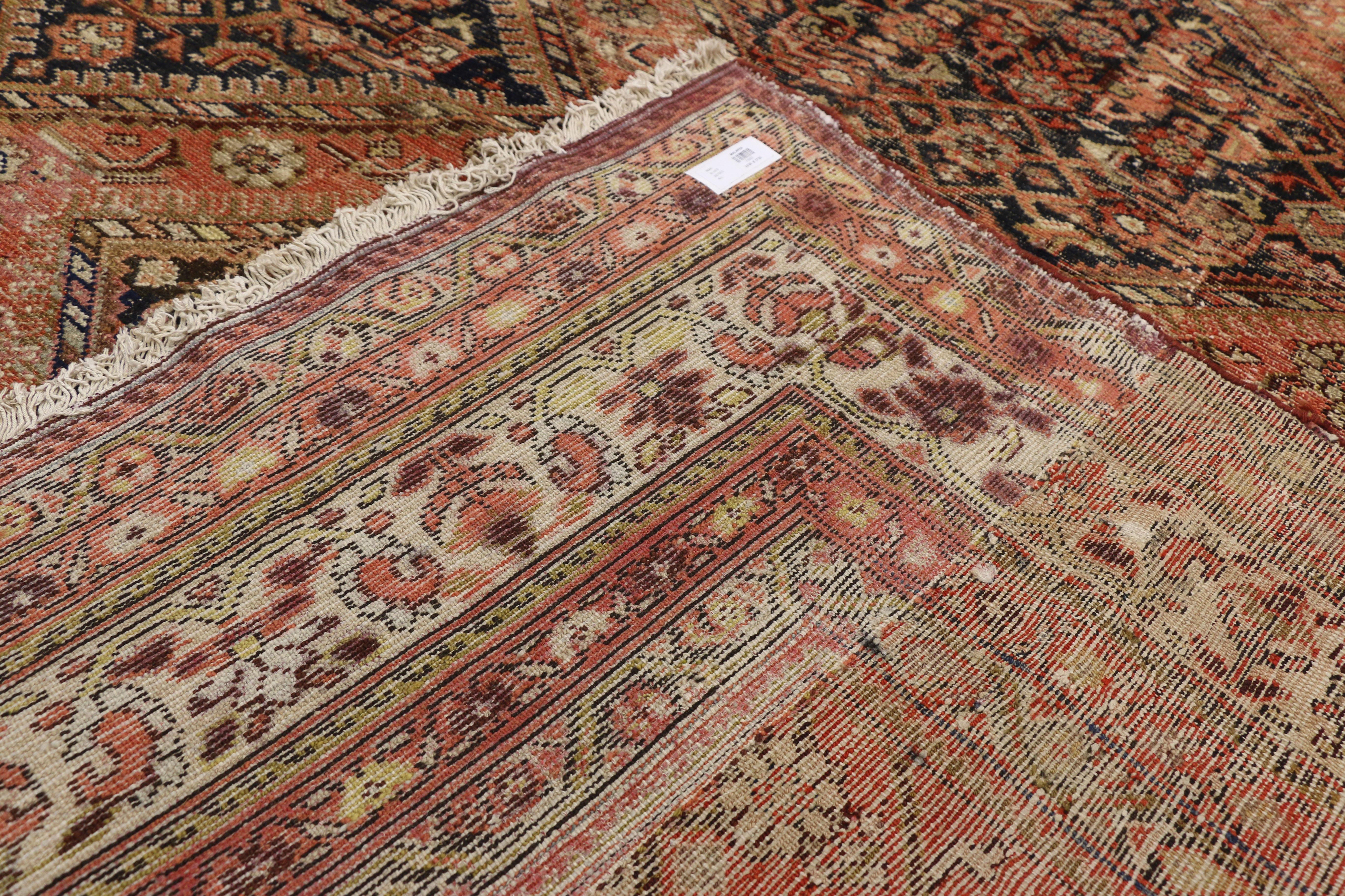 Rustic Antique Persian Malayer Rug In Distressed Condition For Sale In Dallas, TX