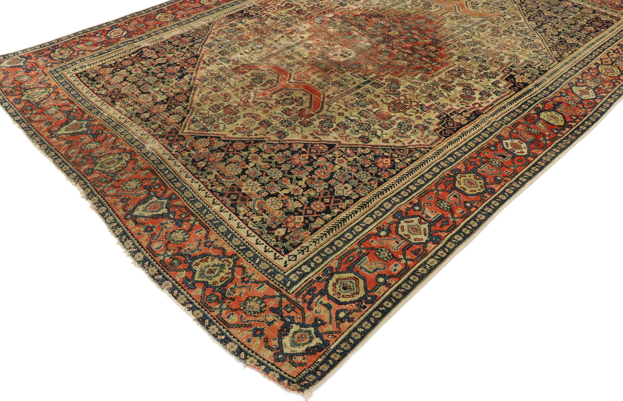53141, distressed antique Persian Malayer rug with Modern Rustic Industrial style. With its perfectly worn-in charm and edgy elements, this distressed antique Malayer rug with Industrial style will create a warm, lived-in look and take on a curated
