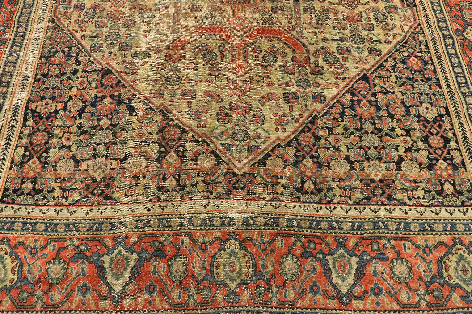 Distressed Antique Persian Malayer Rug with Modern Rustic Industrial Style In Distressed Condition For Sale In Dallas, TX
