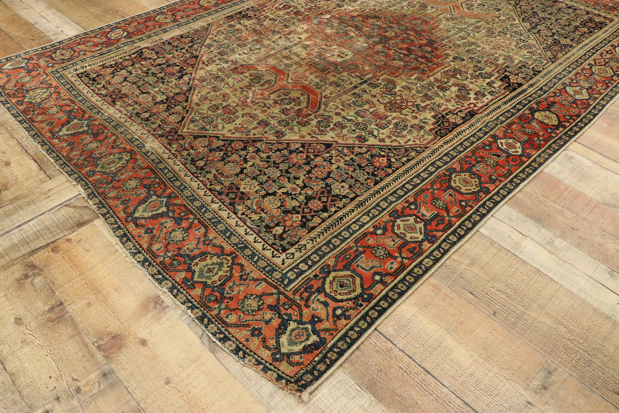 Distressed Antique Persian Malayer Rug with Modern Rustic Industrial Style For Sale 1