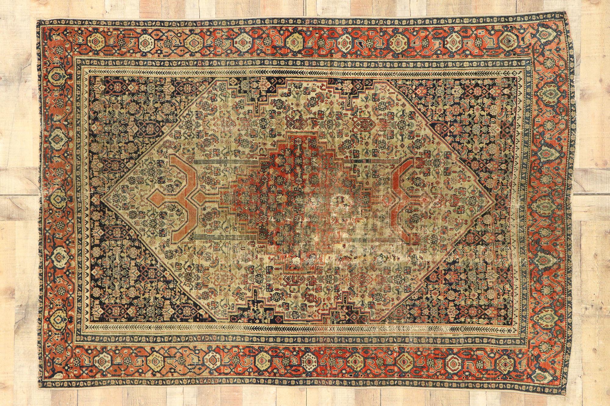 Distressed Antique Persian Malayer Rug with Modern Rustic Industrial Style For Sale 3