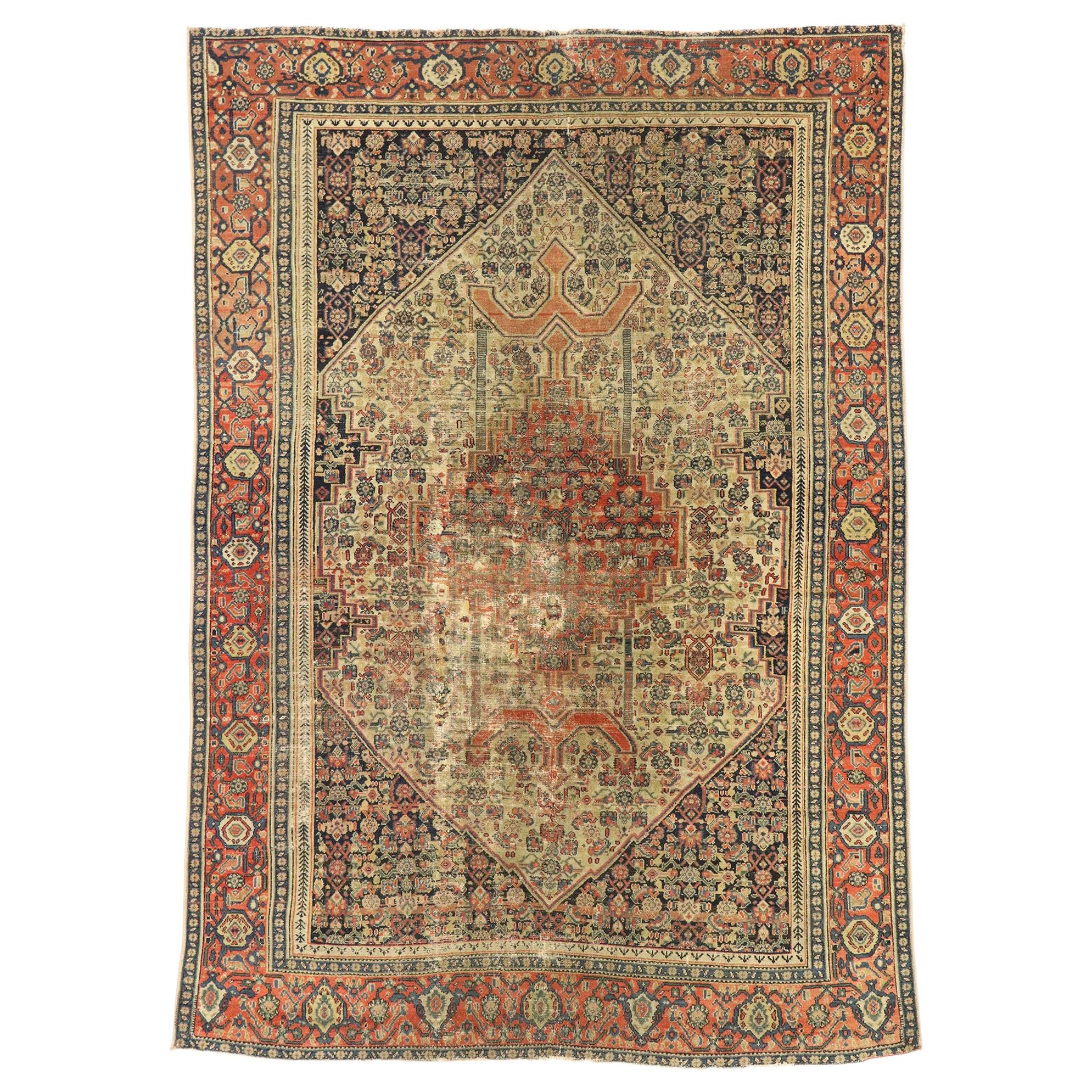 Distressed Antique Persian Malayer Rug with Modern Rustic Industrial Style