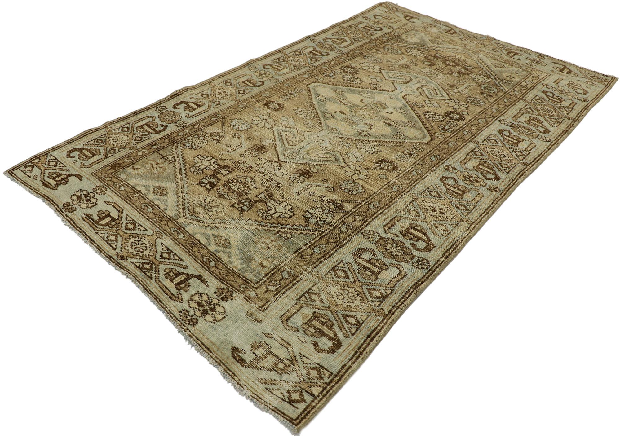 53238 distressed antique Persian Malayer rug with Modern Rustic Tribal style. With its perfectly worn-in charm and rustic sensibility, this hand knotted wool distressed antique Persian Malayer rug will take on a curated look that feels timeless