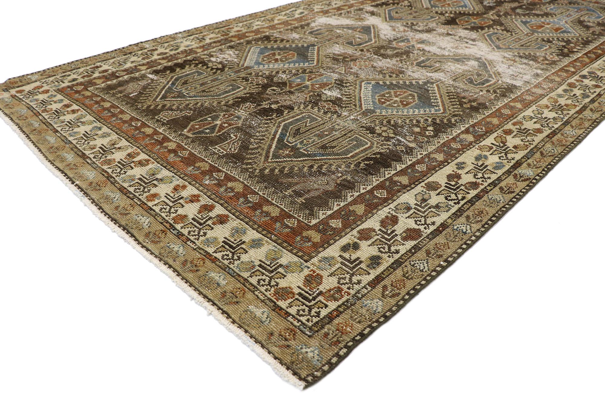 60825, distressed antique Persian Malayer rug with rustic artisan tribal style 05'03 x 09'08. Cleverly composed and distinctively well-balanced, this hand knotted wool distressed antique Persian Malayer runner will take on a curated lived-in look