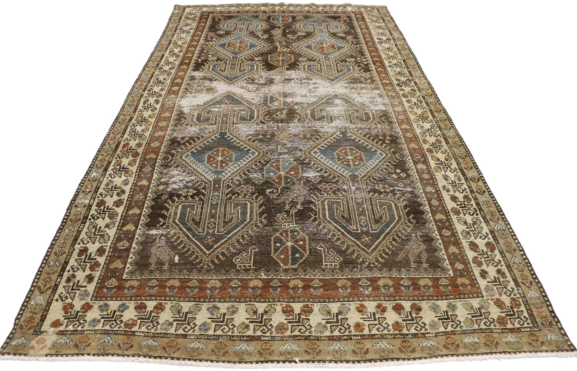 Hand-Knotted Distressed Antique Persian Malayer Rug with Rustic Artisan Tribal Style For Sale