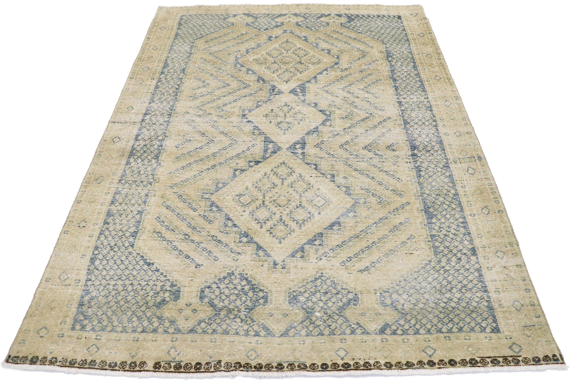Hand-Knotted Distressed Antique Persian Malayer Rug with Rustic Coastal Style For Sale