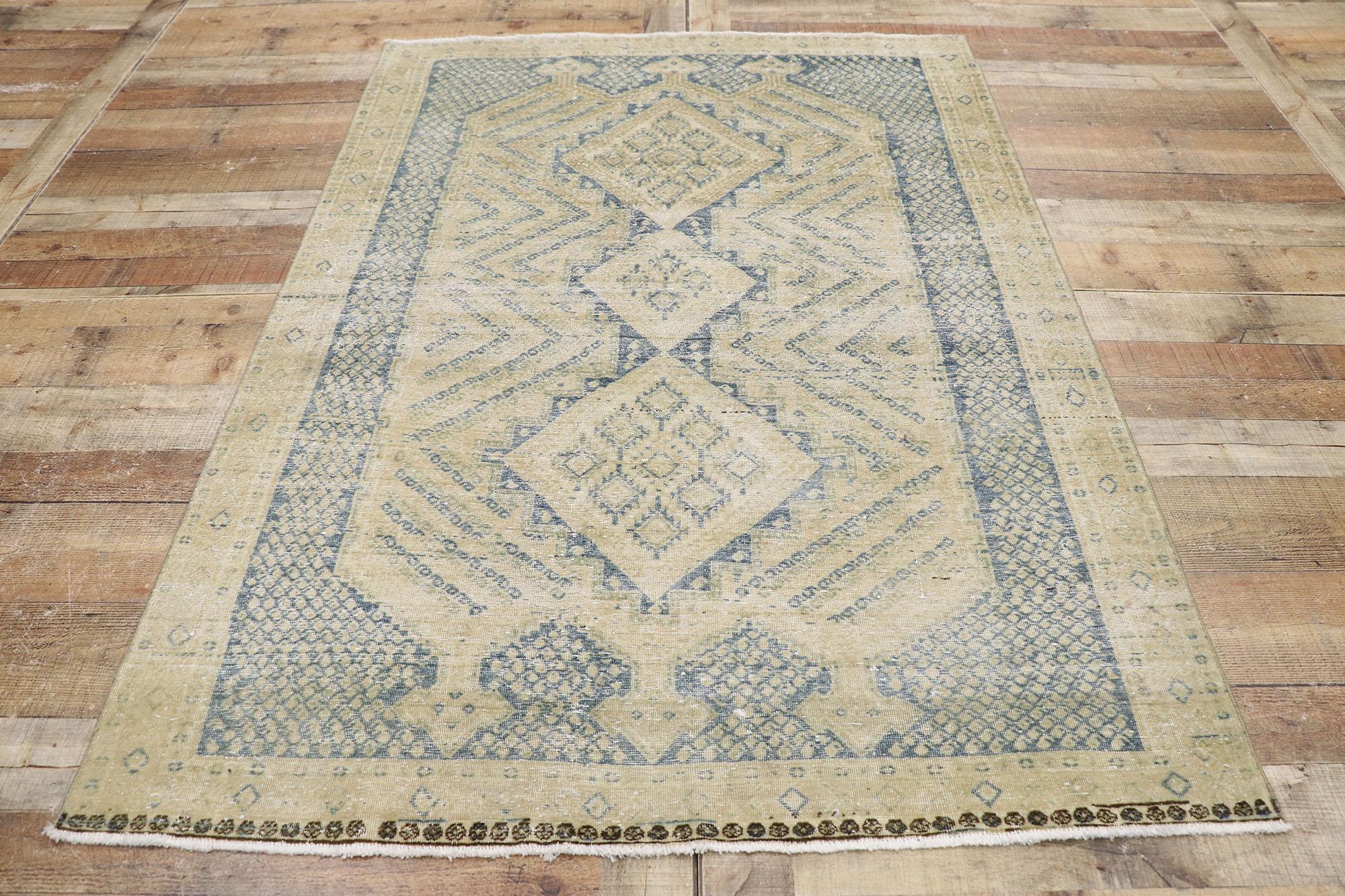 Distressed Antique Persian Malayer Rug with Rustic Coastal Style For Sale 1