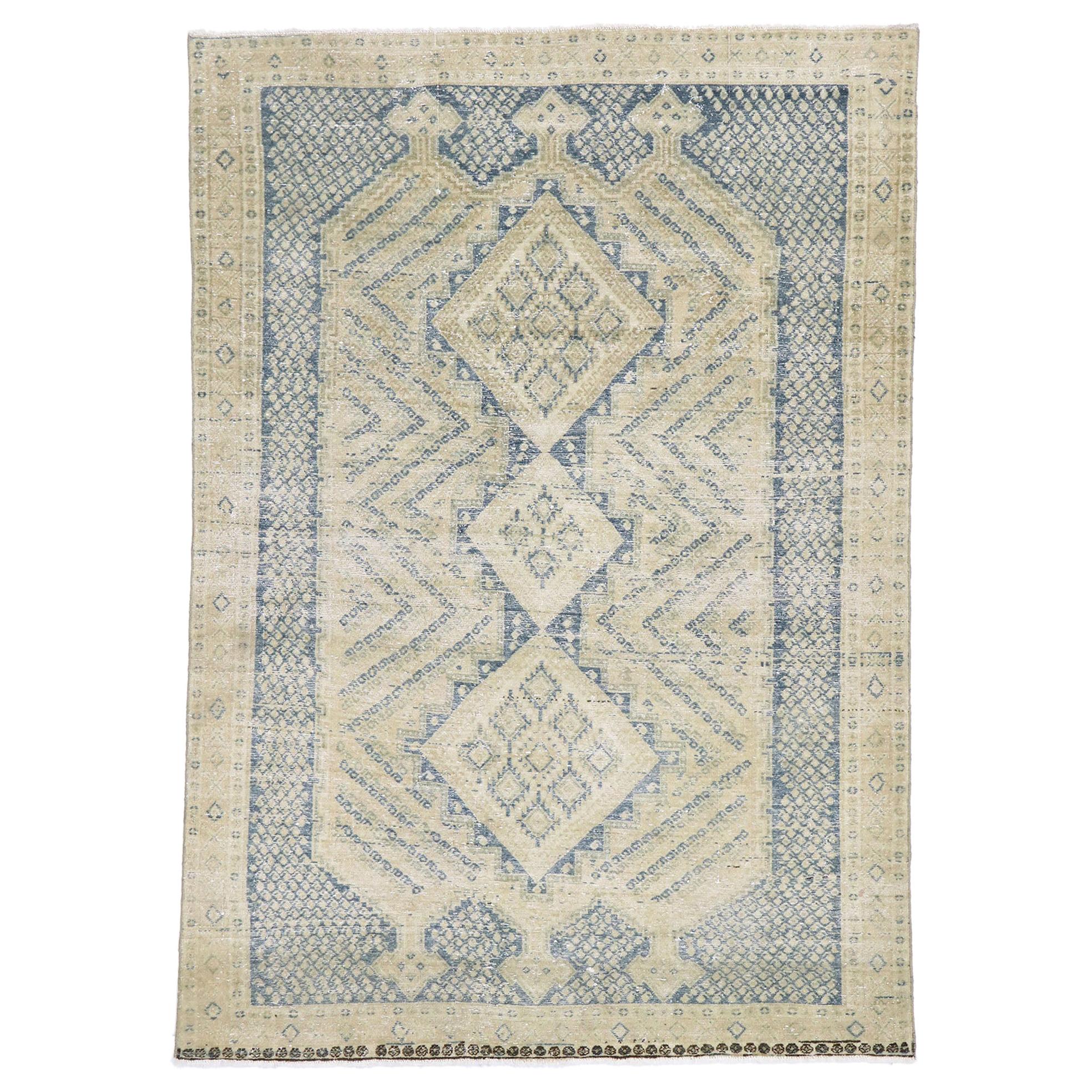 Distressed Antique Persian Malayer Rug with Rustic Coastal Style For Sale