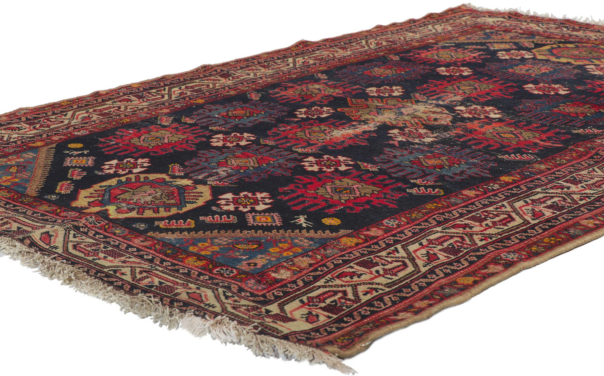 78177 Distressed Antique Persian Malayer rug with Tribal Style, 04'04 x 06'00.