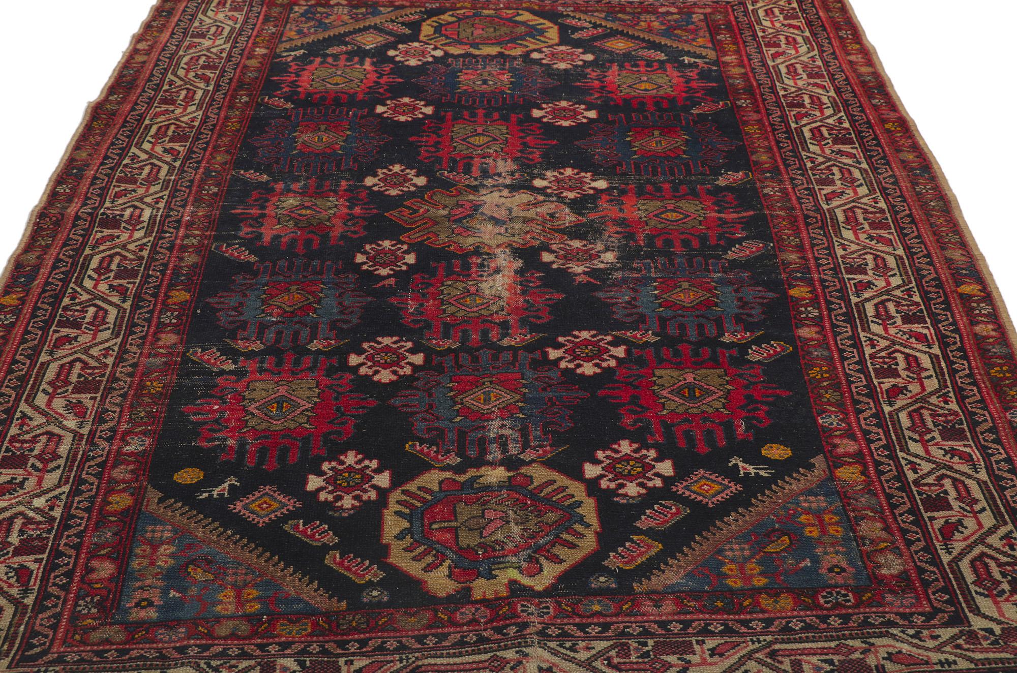 Distressed Antique Persian Malayer Rug with Tribal Style In Distressed Condition For Sale In Dallas, TX