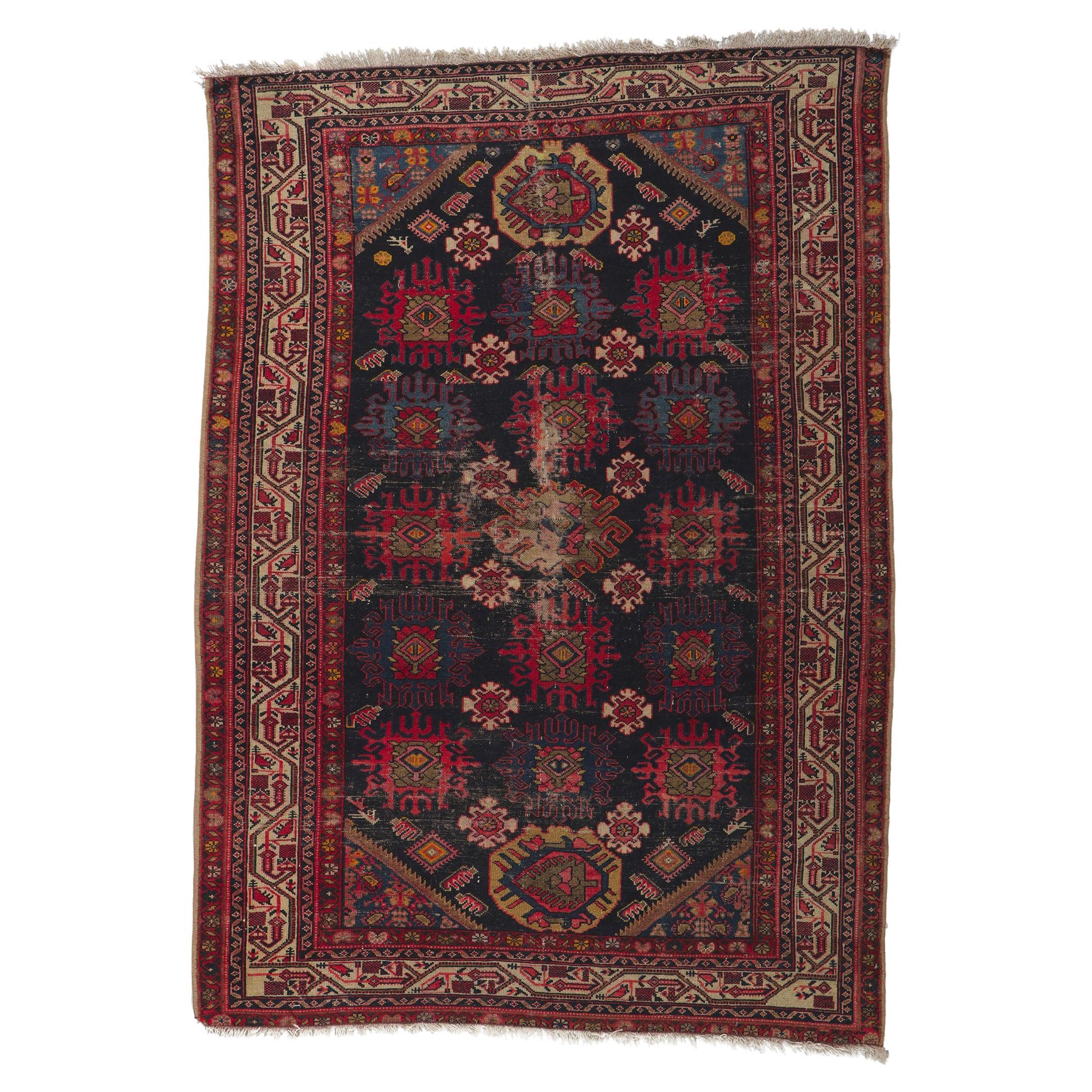 Distressed Antique Persian Malayer Rug with Tribal Style For Sale