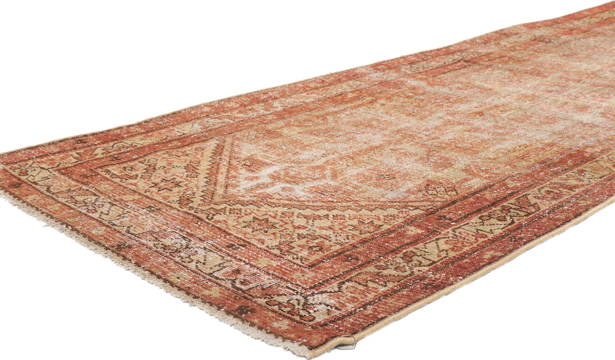 ​53736 Antique-Worn Persian Malayer Rug, 03'04 x 12'09.
Weathered finesse meets rustic sensibility in this hand knotted distressed antique-worn Persian Malayer rug. ​This distressed Persian Malayer gallery rug showcases an allover floral lattice