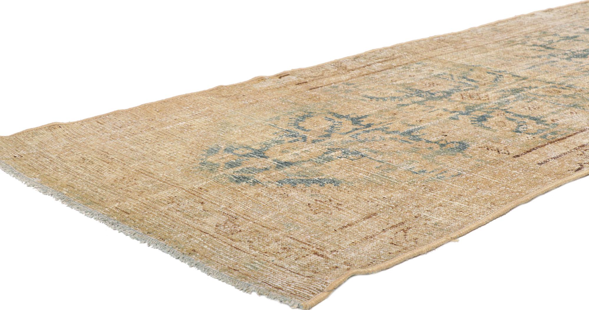 53756 Distressed Antique Persian Malayer runner 02'11 x 11'09. Emanating sophistication with rustic sensibility, this hand knotted wool distressed antique Persian Malayer runner will take on a curated lived-in look that feels timeless while