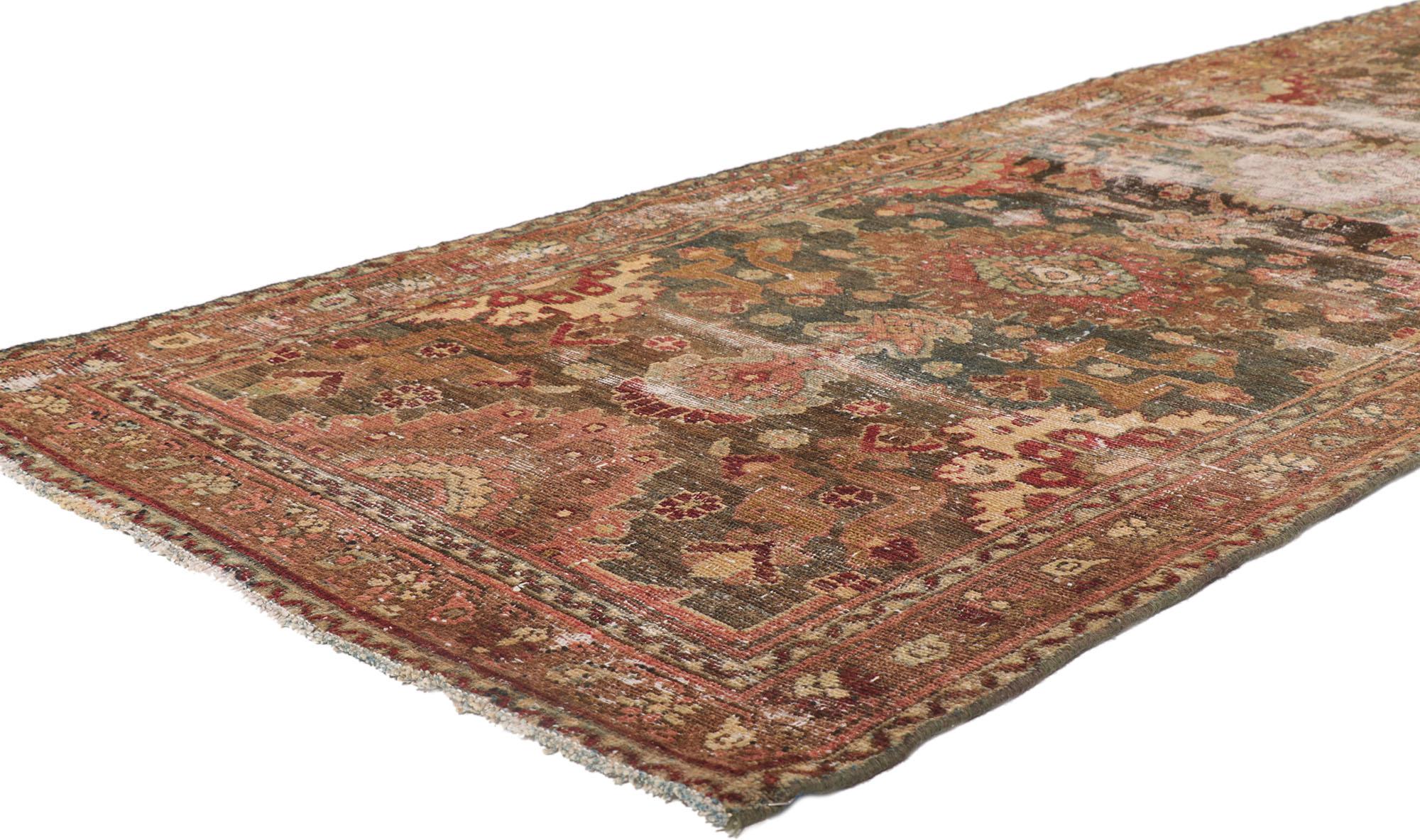 53763 Distressed Antique Persian Malayer Runner, 03'03 x 11'01. Warm and inviting with rustic sensibility, this hand-knotted wool distressed antique Persian Malayer runner features an all-over botanical design spread across the weathered