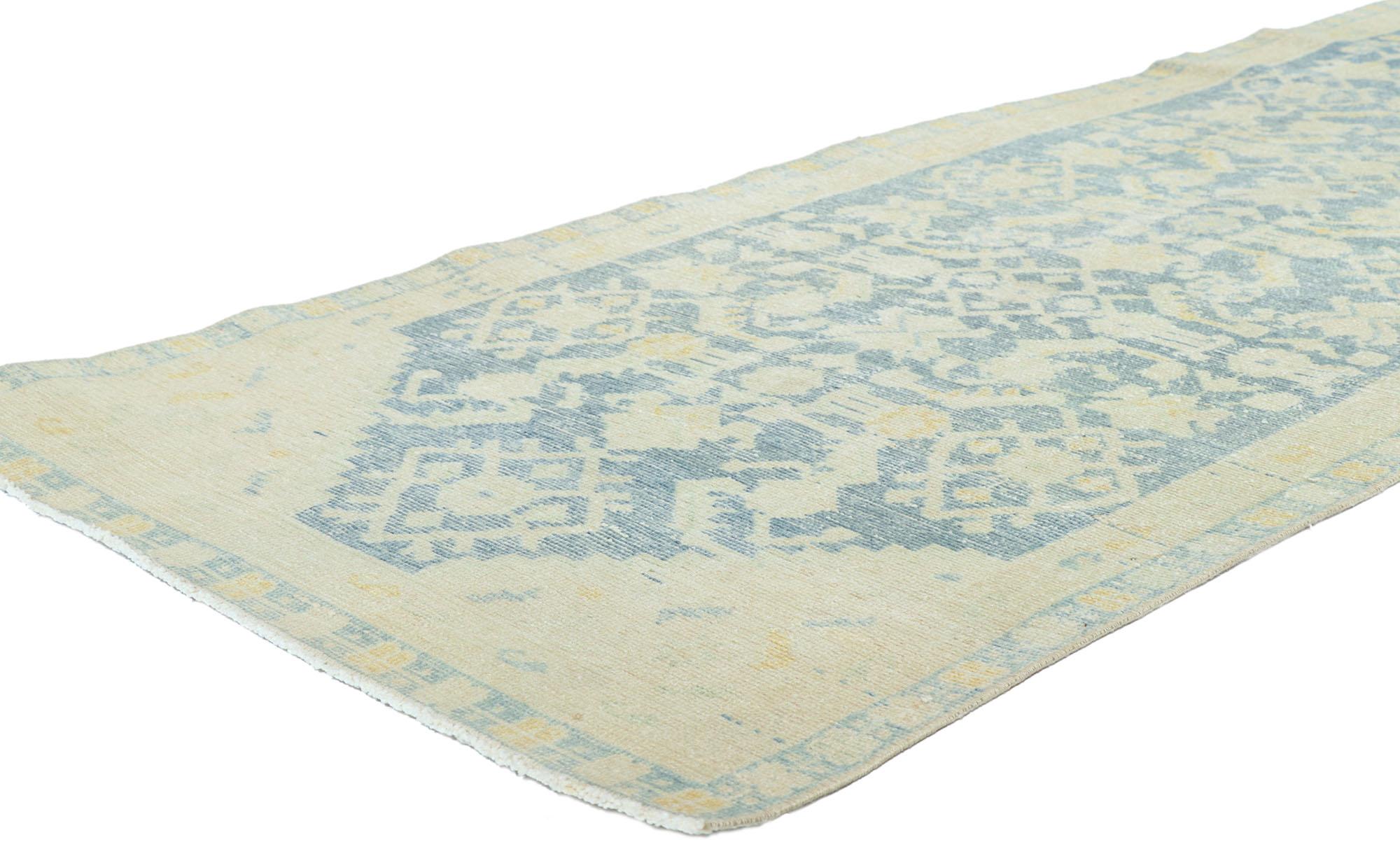 53768 Distressed Antique Persian Malayer Runner 03'00 x 12'06. Emanating sophistication and grace with blue hues, this hand knotted wool distressed antique Persian Malayer runner will take on a curated lived-in look that feels timeless while