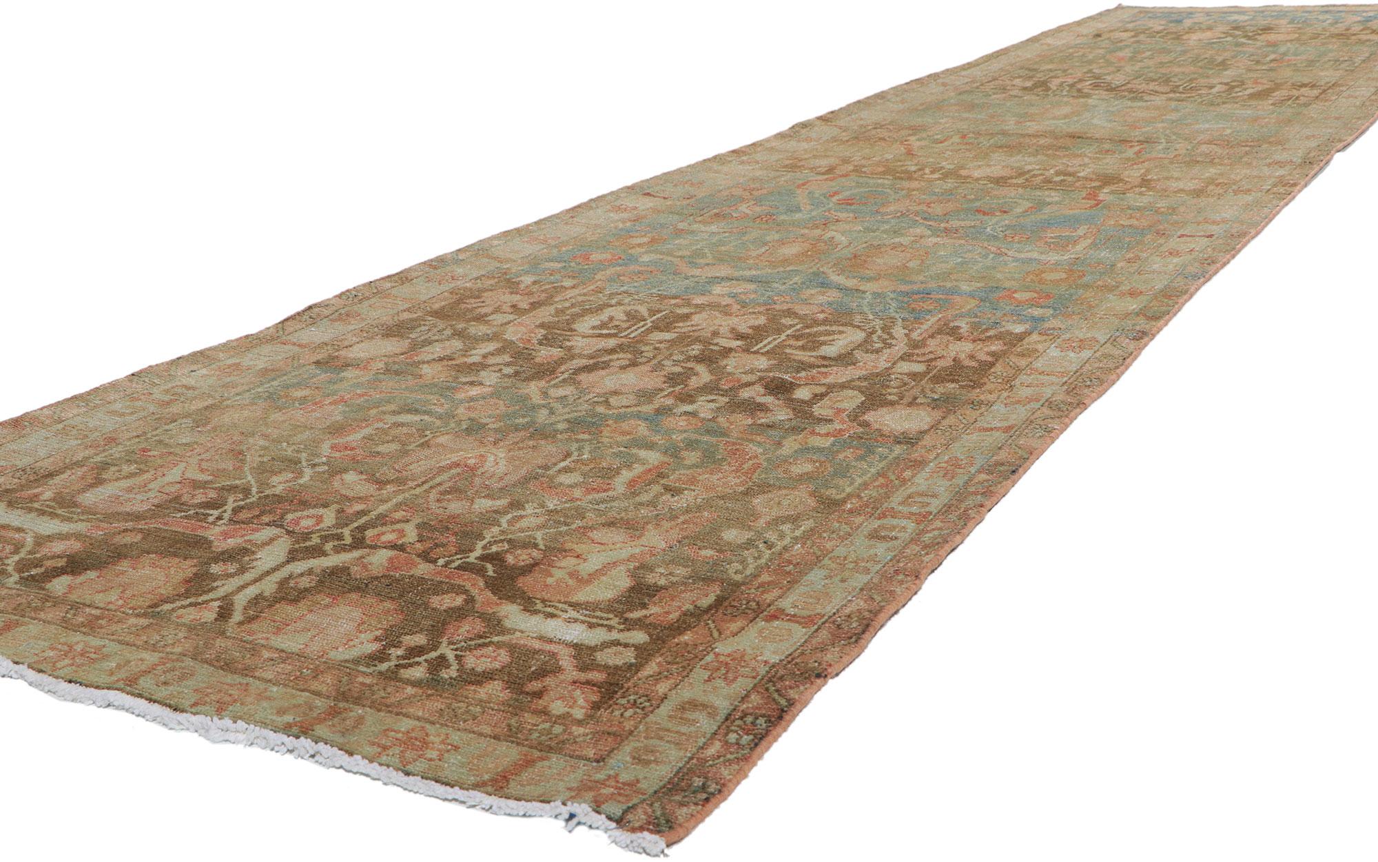 61039 Distressed Antique Persian Malayer Rug, 03'05 x 15'09. Behold the allure of this hand-knotted wool distressed antique Persian Malayer rug runner – a handmade rug that whispers tales of bygone eras yet waltzes with finesse that could make a