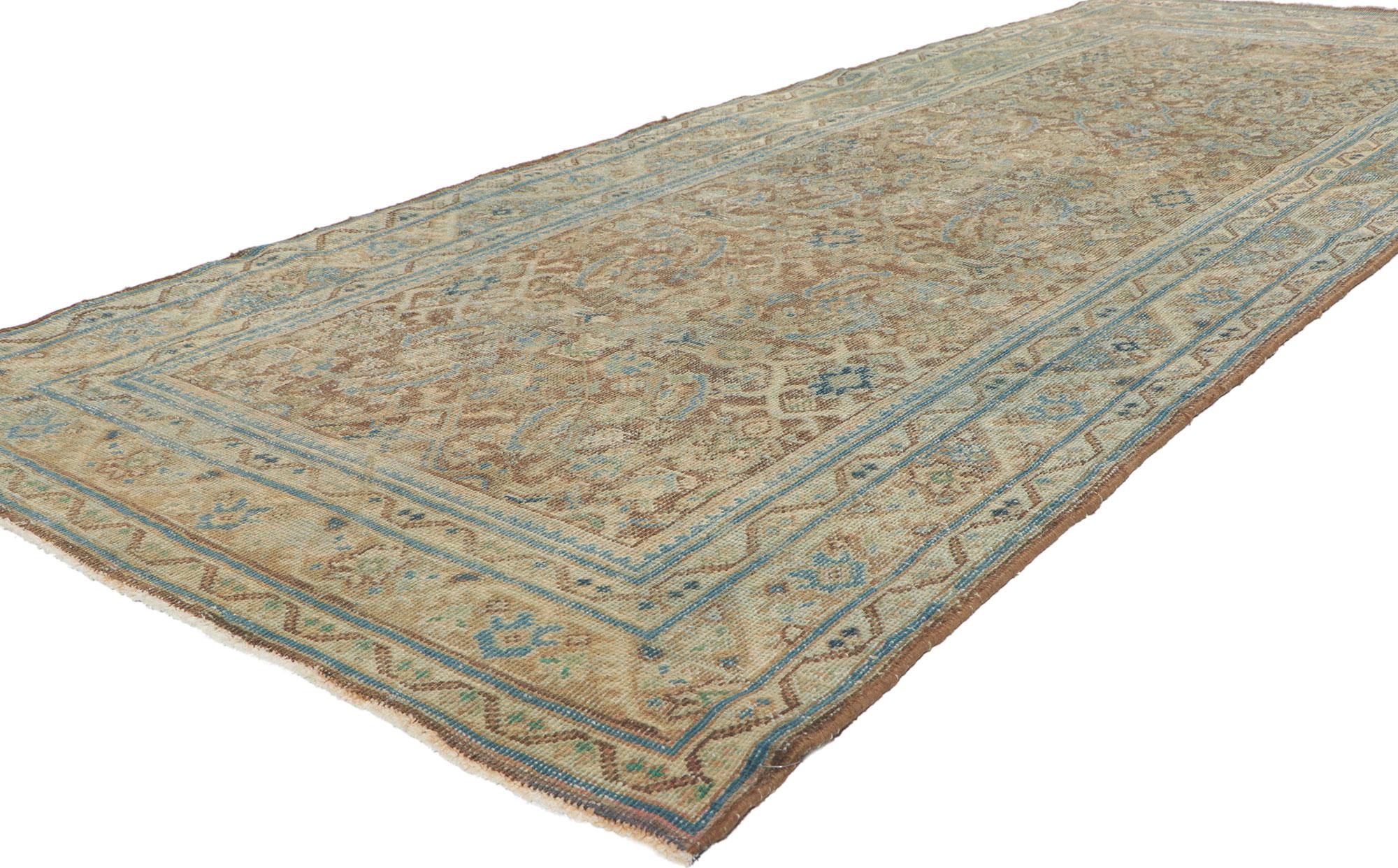 77684 Distressed antique Persian Malayer runner, 04'00 x 09'08. Balancing Traditional Design elements with rustic sensibility, this hand knotted antique Persian Malayer runner is a captivating vision of woven beauty. The eye-catching Herati pattern