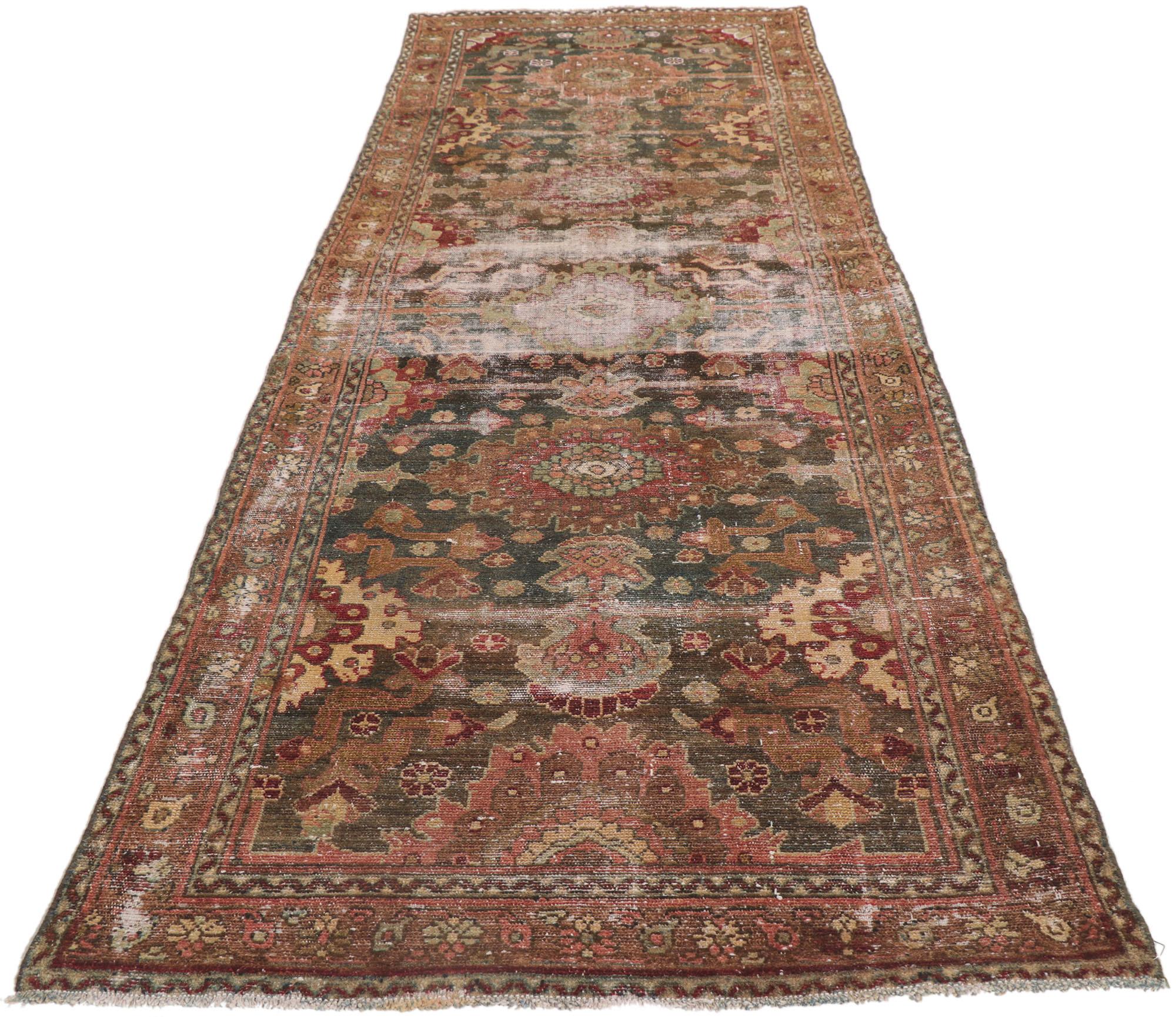 Hand-Knotted Distressed Antique Persian Malayer Runner For Sale