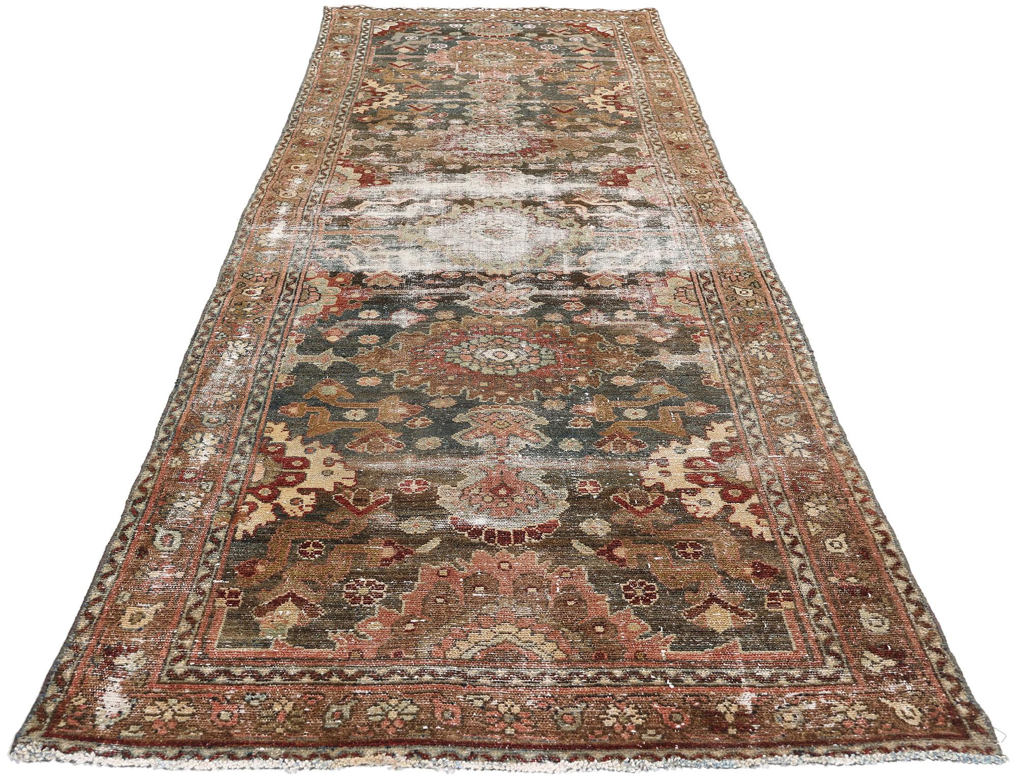 Hand-Knotted Distressed Antique Persian Malayer Rug Carpet Runner For Sale