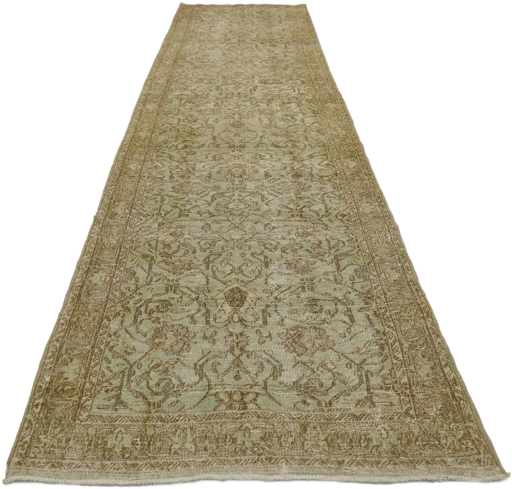 Distressed Antique Persian Malayer Runner with Cotswold Countryside Style In Distressed Condition For Sale In Dallas, TX
