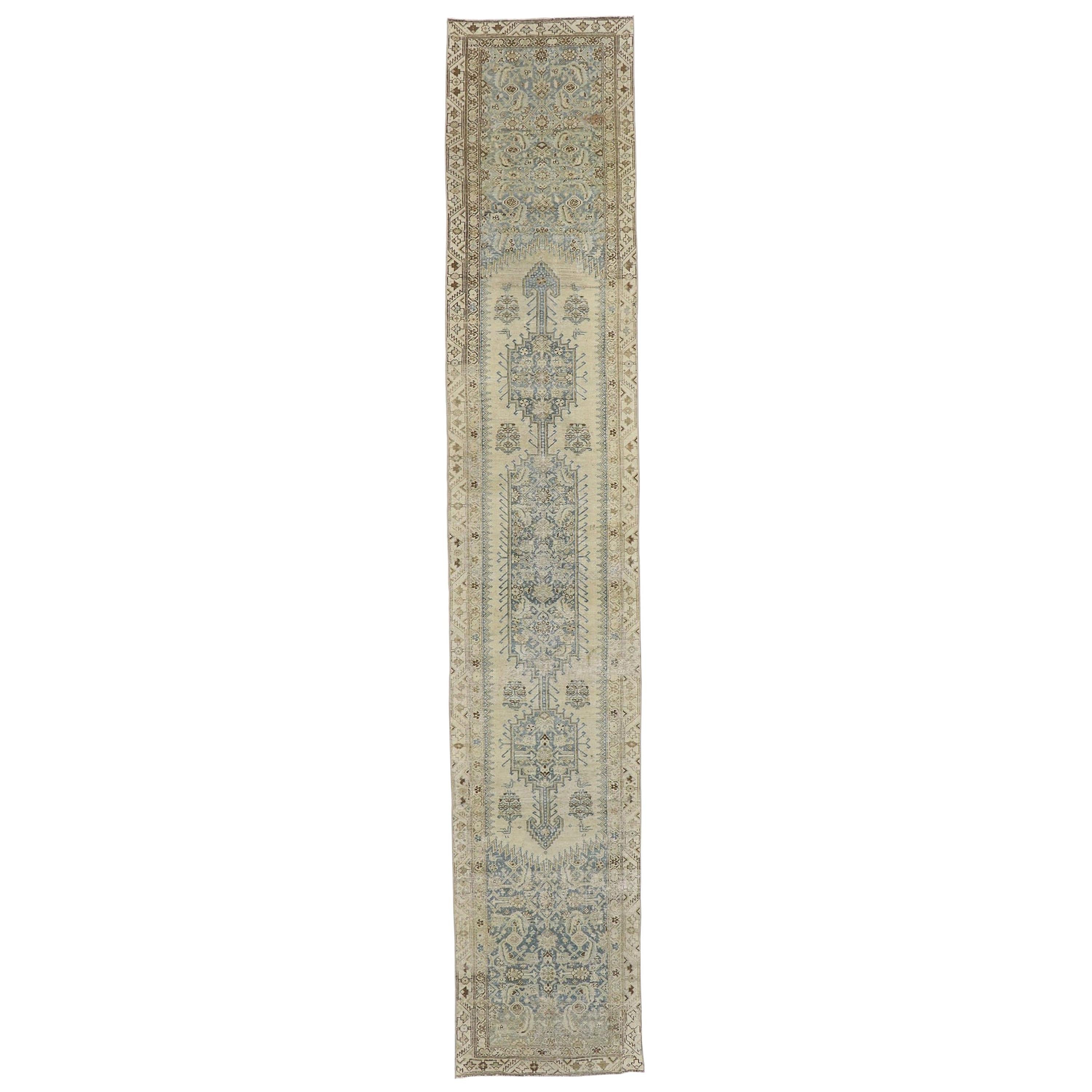 Distressed Antique Persian Malayer Runner with French Provincial Style For Sale