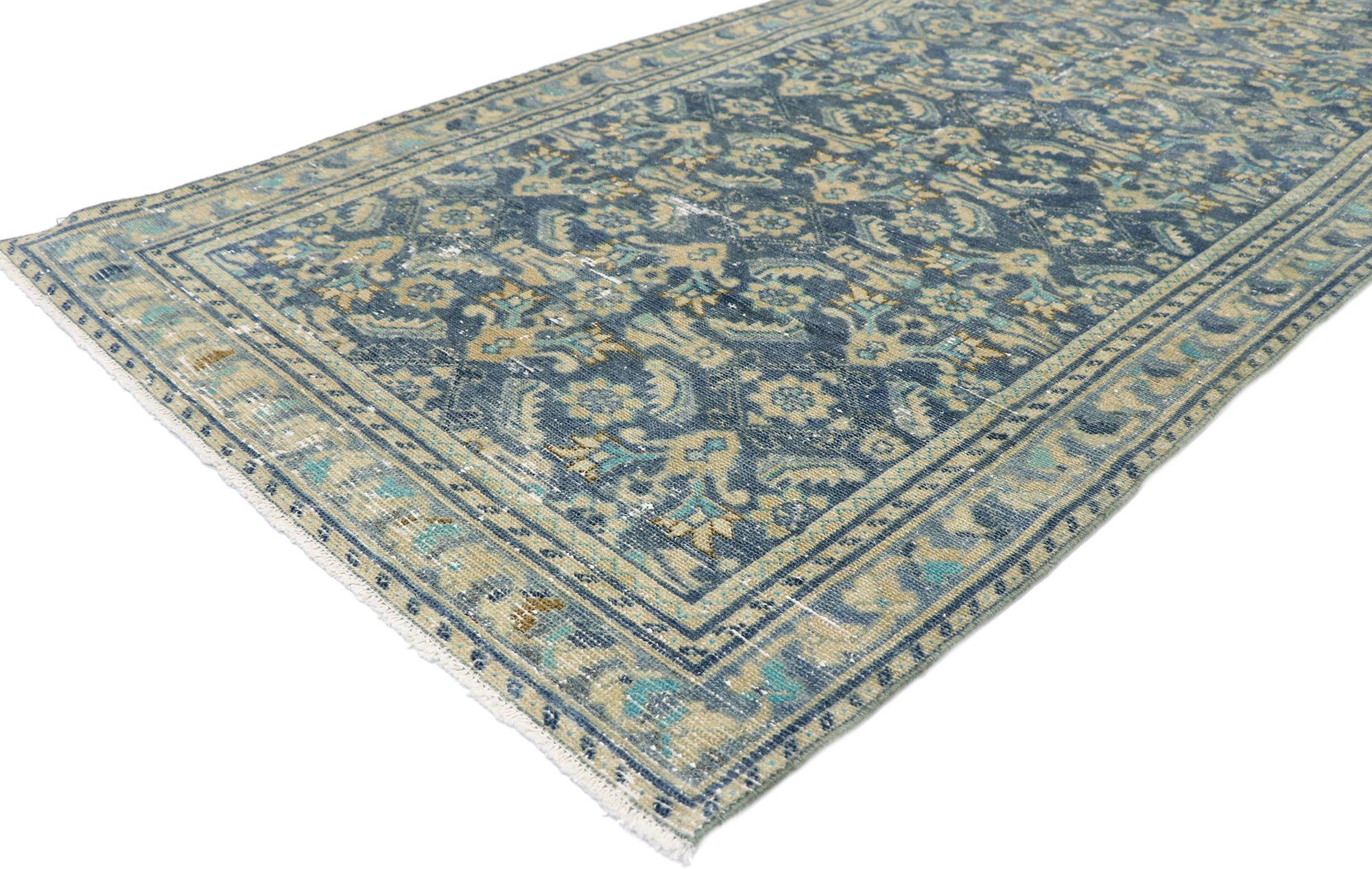 60835 distressed antique Persian Malayer Runner with Greek Mediterranean style. Cleverly composed and distinctively well-balanced, this hand knotted wool distressed antique Persian Malayer runner will take on a curated lived-in look that feels