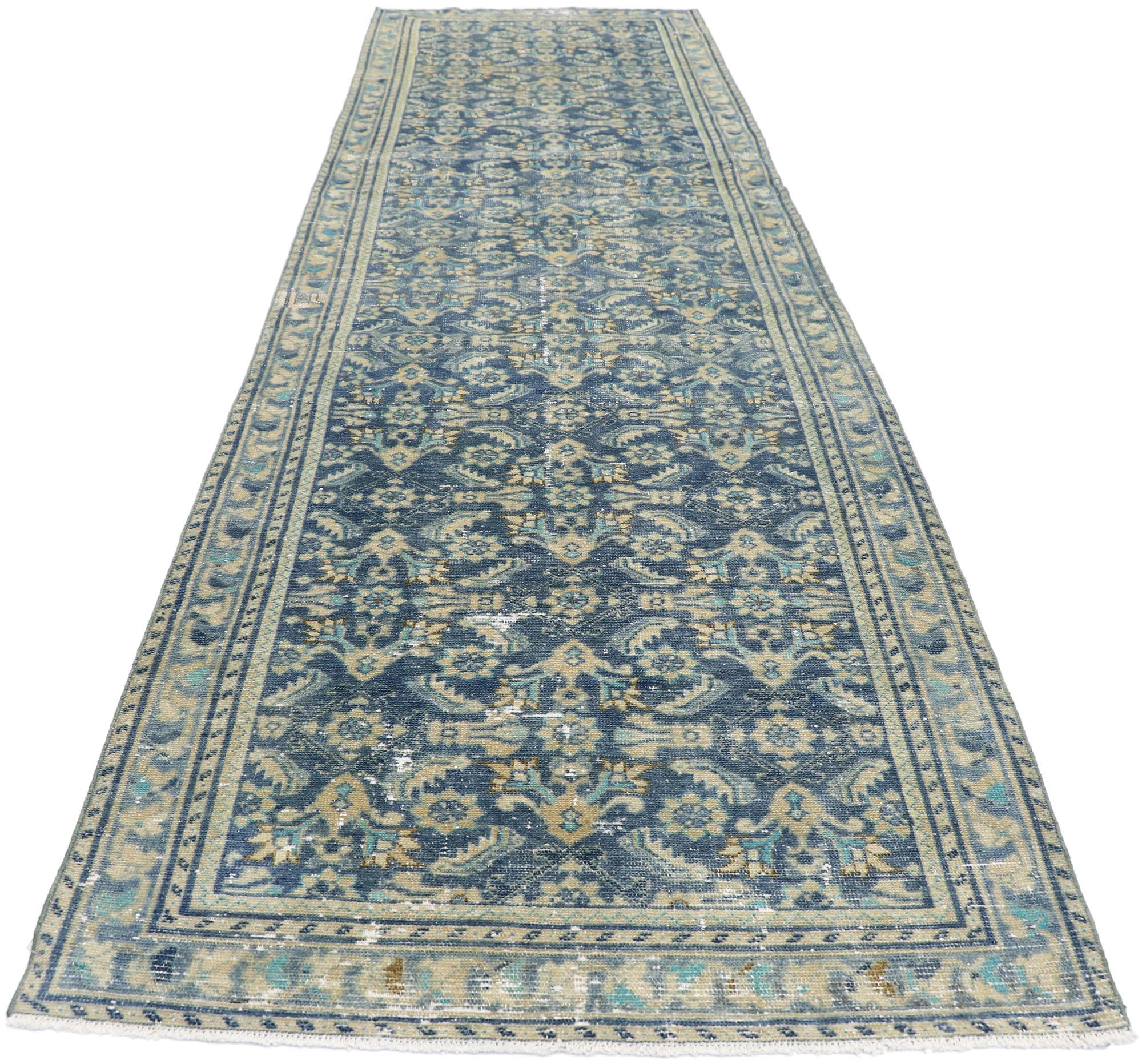 Hand-Knotted Distressed Antique Persian Malayer Runner with Greek Mediterranean Style For Sale