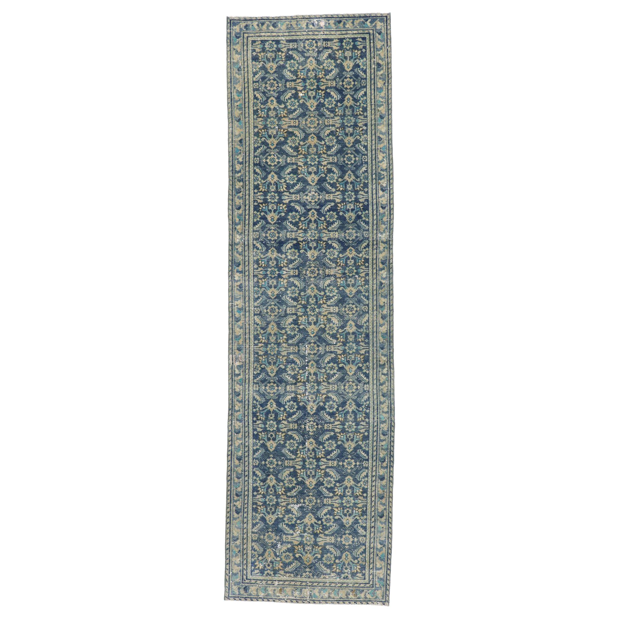 Distressed Antique Persian Malayer Runner with Greek Mediterranean Style For Sale