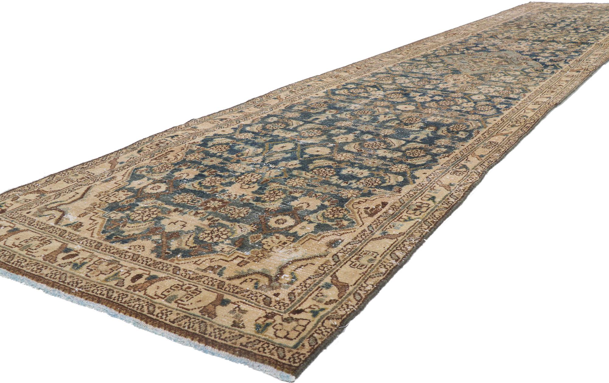 61014 Distressed antique Persian Malayer Runner, 03'03 x 16'04. Emanating sophistication and nomadic charm with rustic sensibility, this hand knotted wool distressed antique Persian Malayer carpet runner beautifully embodies a modern style. The