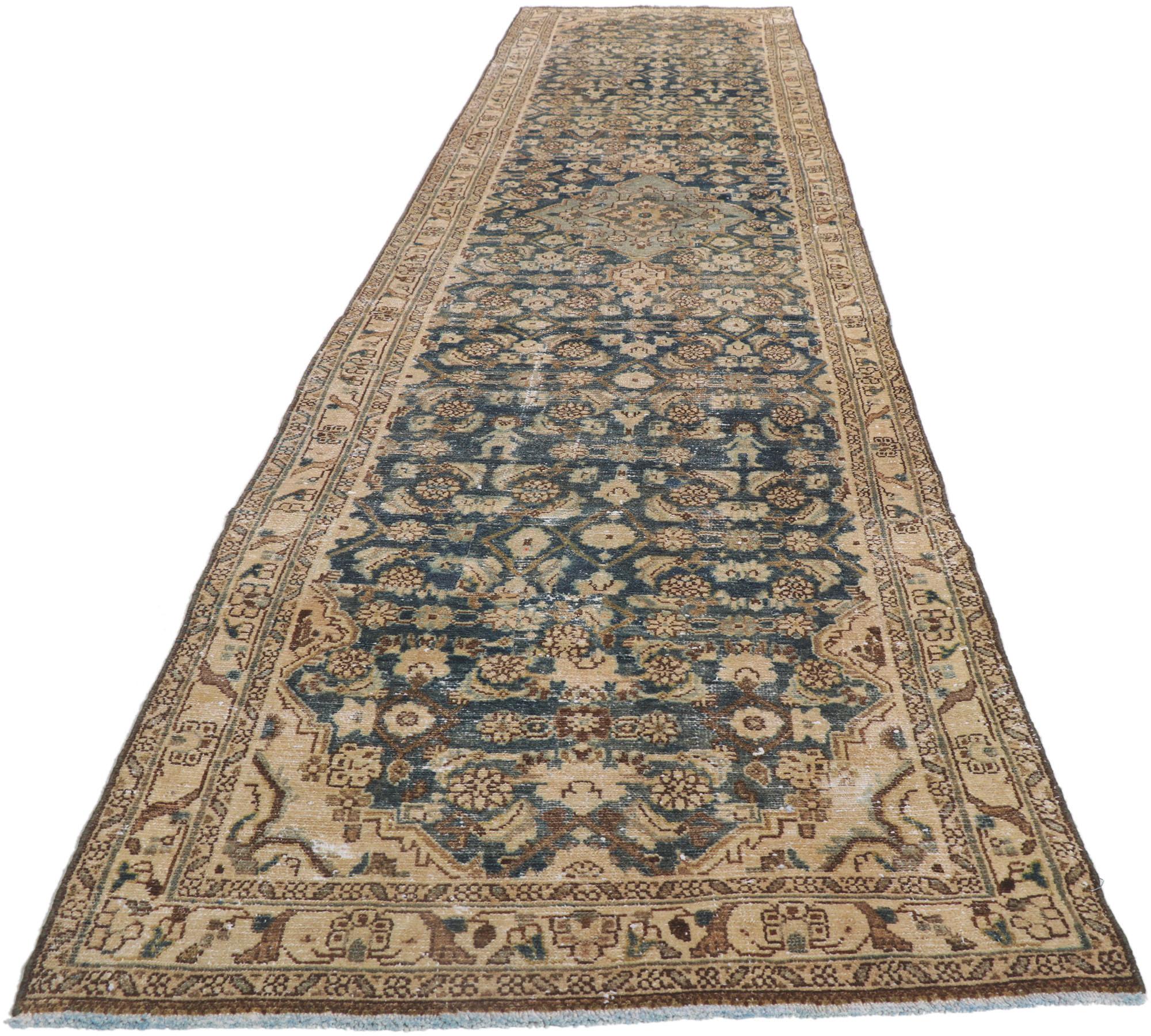Hand-Knotted Distressed Antique Persian Malayer Runner with Herati Design & Human Figures For Sale