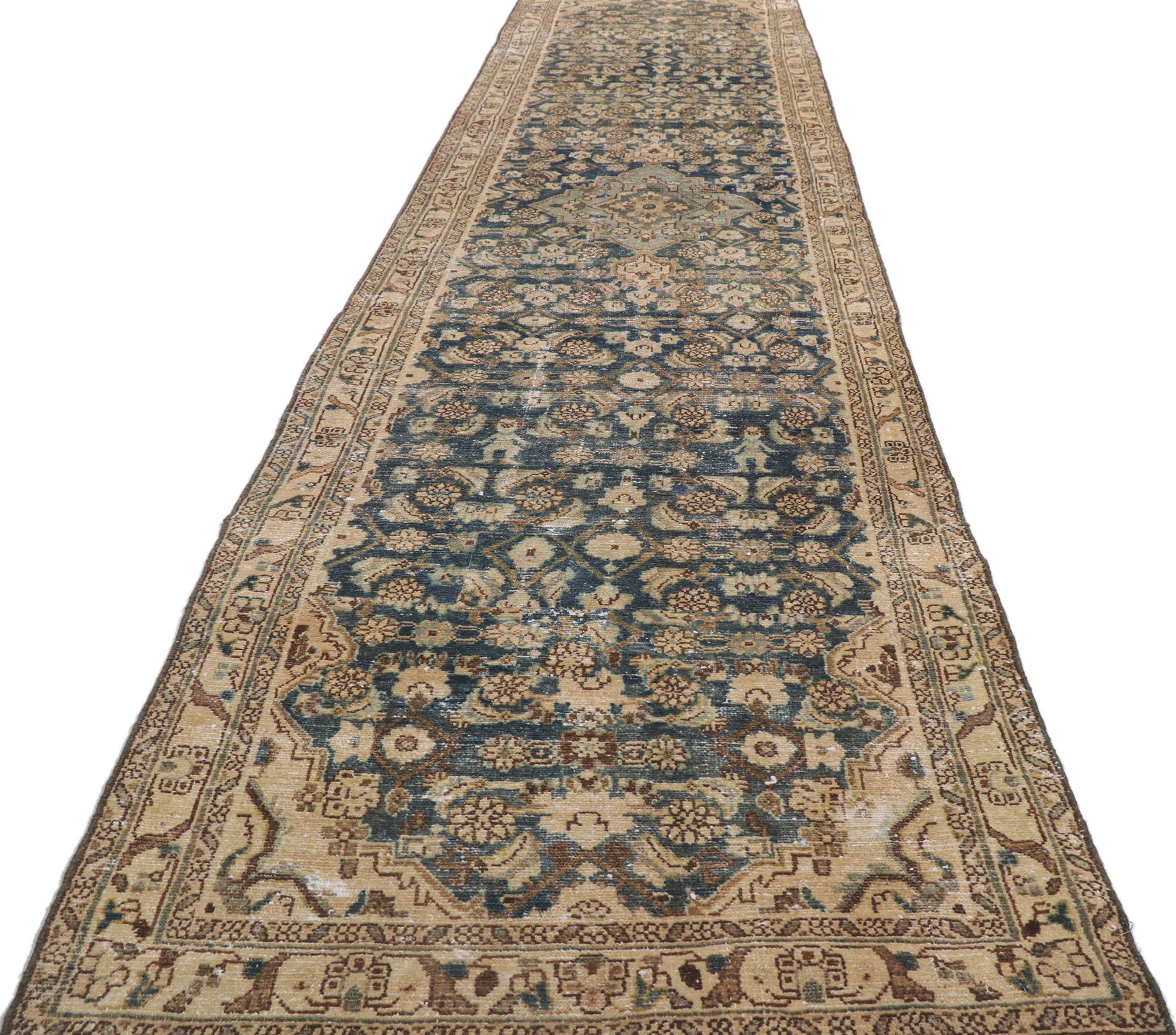 Distressed Antique Persian Malayer Runner with Herati Design & Human Figures In Distressed Condition For Sale In Dallas, TX