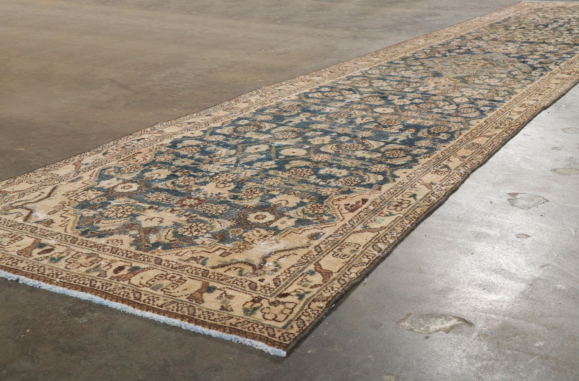 Wool Distressed Antique Persian Malayer Runner with Herati Design & Human Figures For Sale