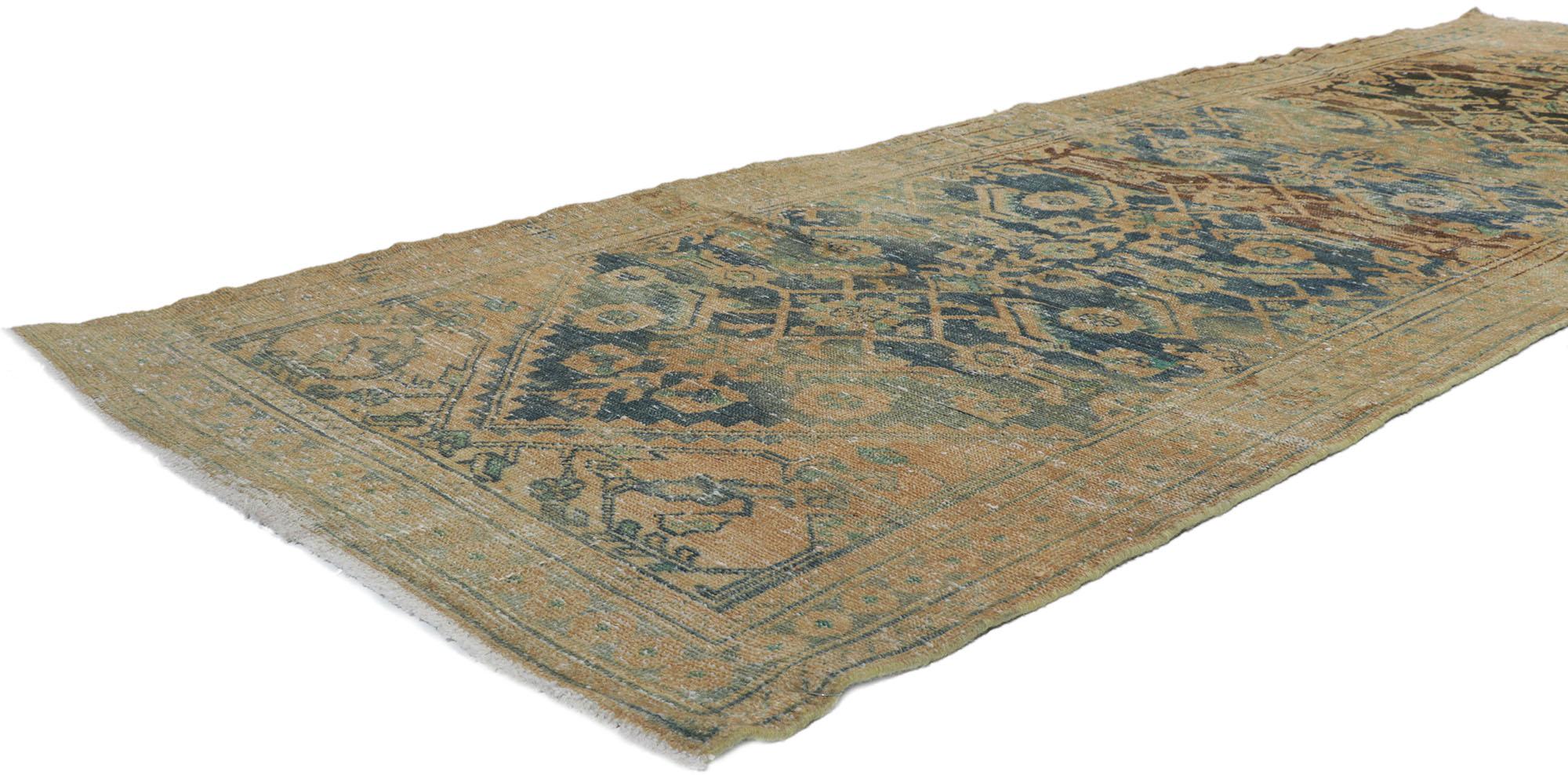 60984 Distressed antique Persian Malayer Runner with Herati Pattern 03'06 x 10'02. Emanating sophistication and grace with blue hues, this hand knotted wool distressed antique Persian Malayer runner will take on a curated lived-in look that feels