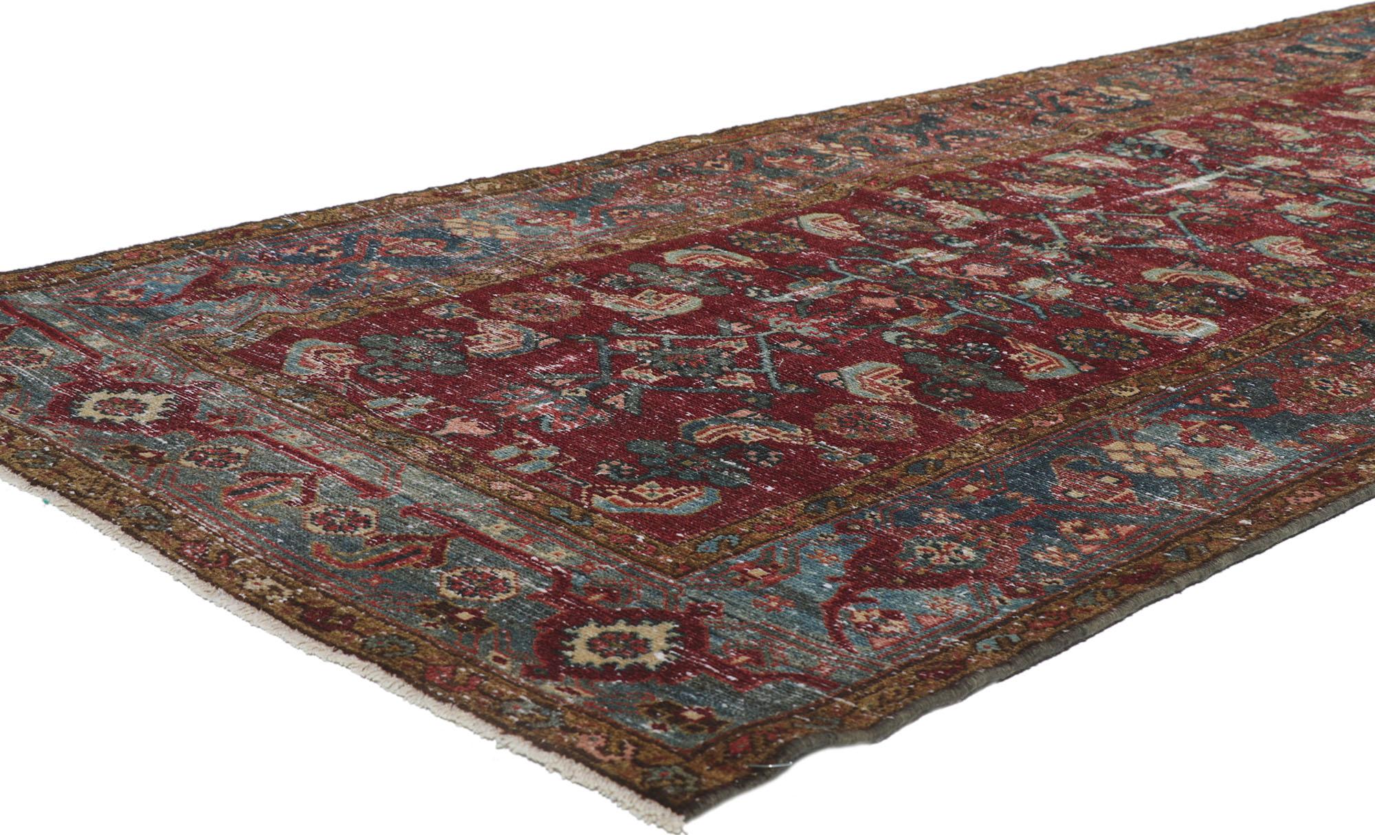 60975 Distressed Antique Persian Malayer Runner with Herati Pattern 03'05 x 14'10. With its rugged beauty and timeless design combined with rustic sensibility, this hand knotted wool distressed antique Persian Malayer runner will take on a curated