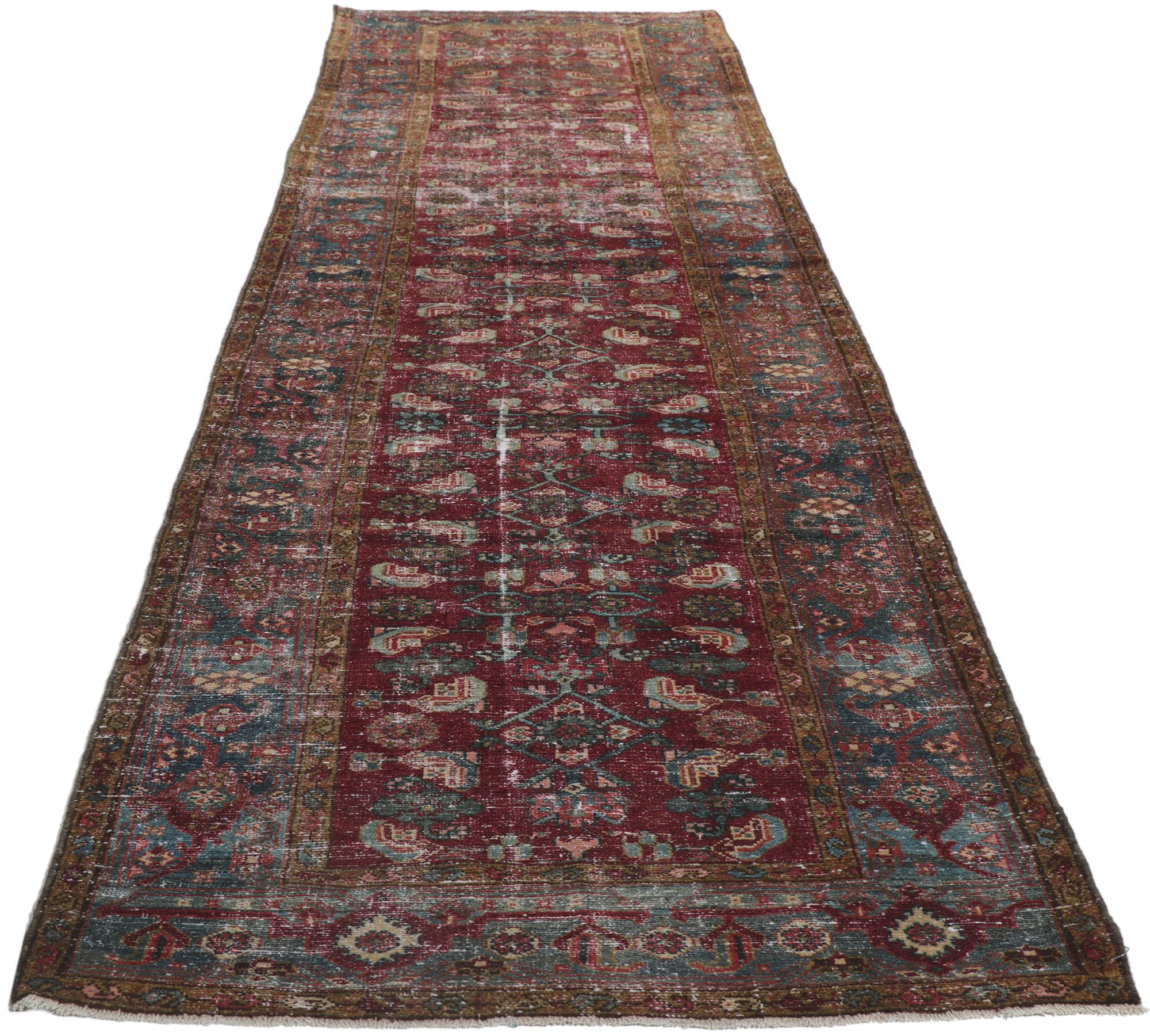 Hand-Knotted Distressed Antique Persian Malayer Runner with Herati Pattern For Sale