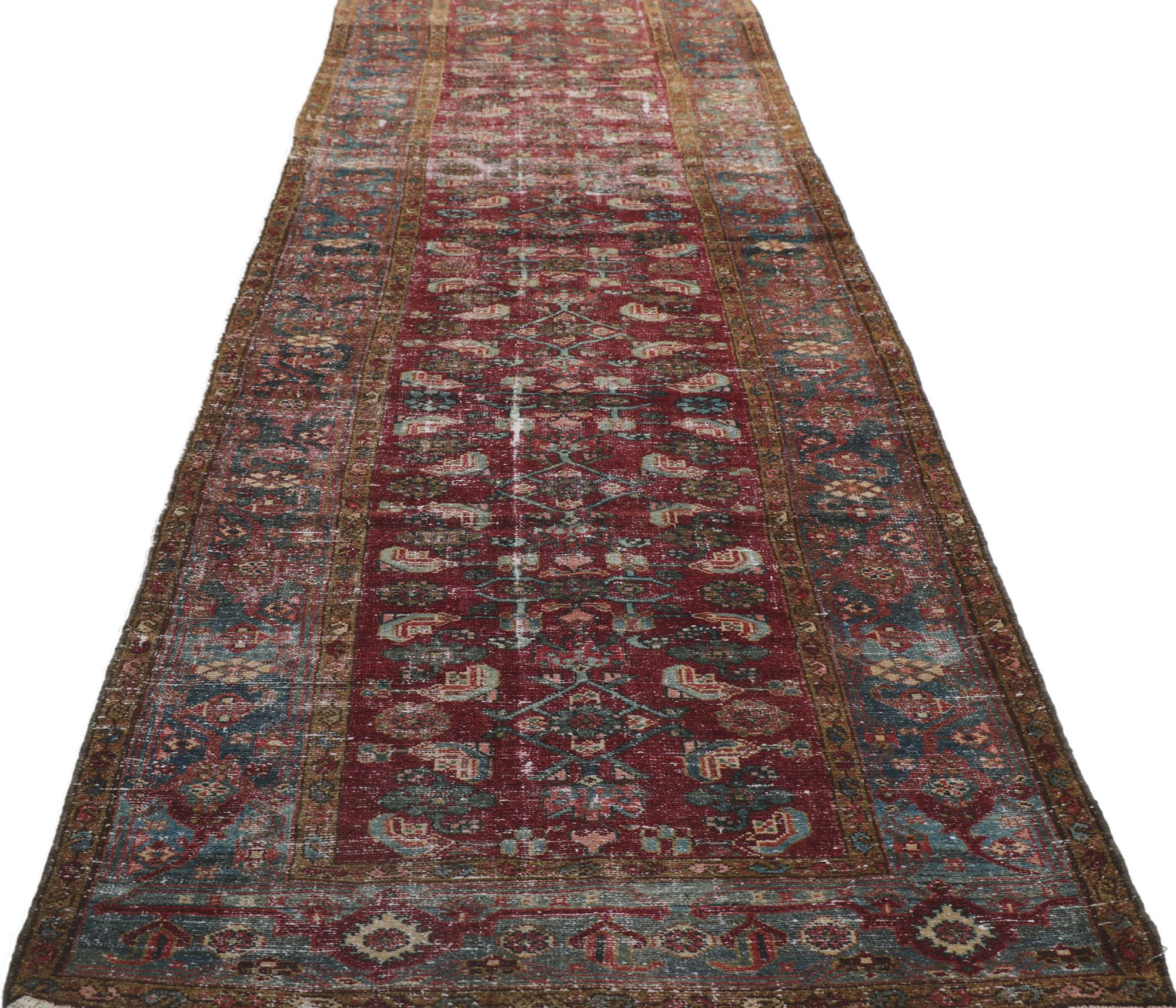 Distressed Antique Persian Malayer Runner with Herati Pattern In Distressed Condition For Sale In Dallas, TX