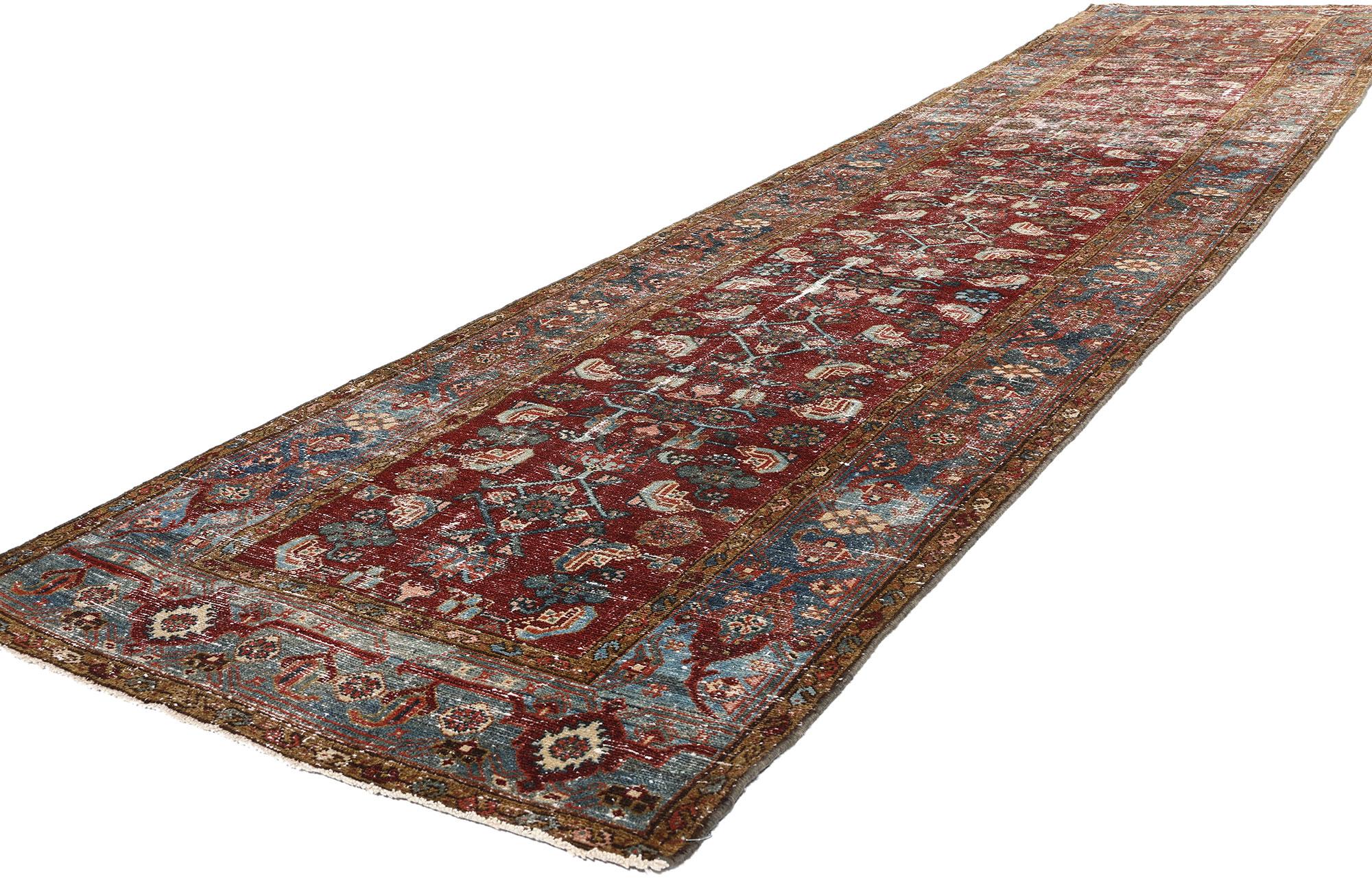 60975 Distressed Antique-Worn Persian Malayer Rug Runner, 03'05 x 14'10. Distressed antique-washed Persian Malayer carpet runners are a type of rug originating from the Malayer region in western Iran. These Persian runners undergo a special process