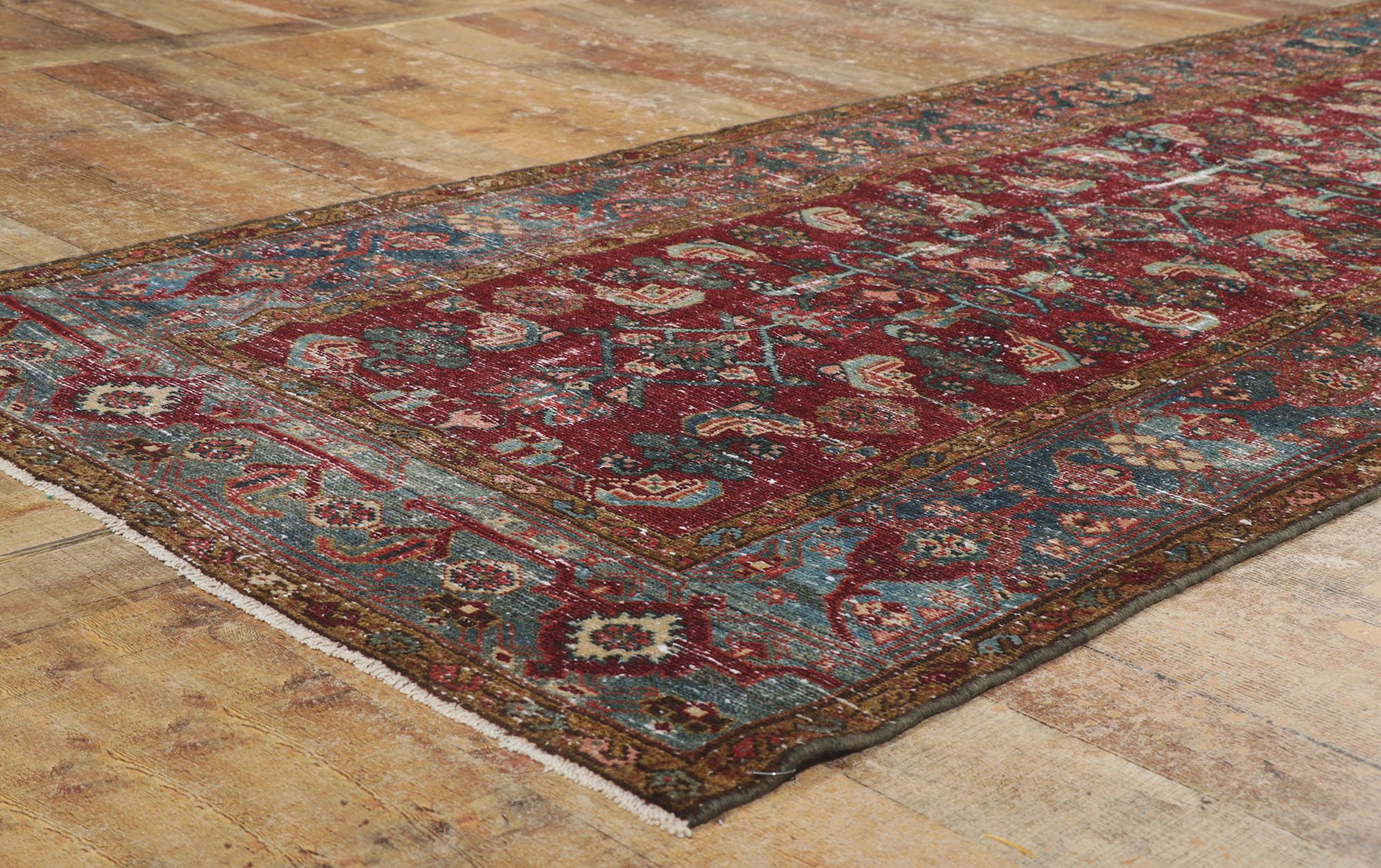 Wool Distressed Antique Persian Malayer Runner with Herati Pattern For Sale
