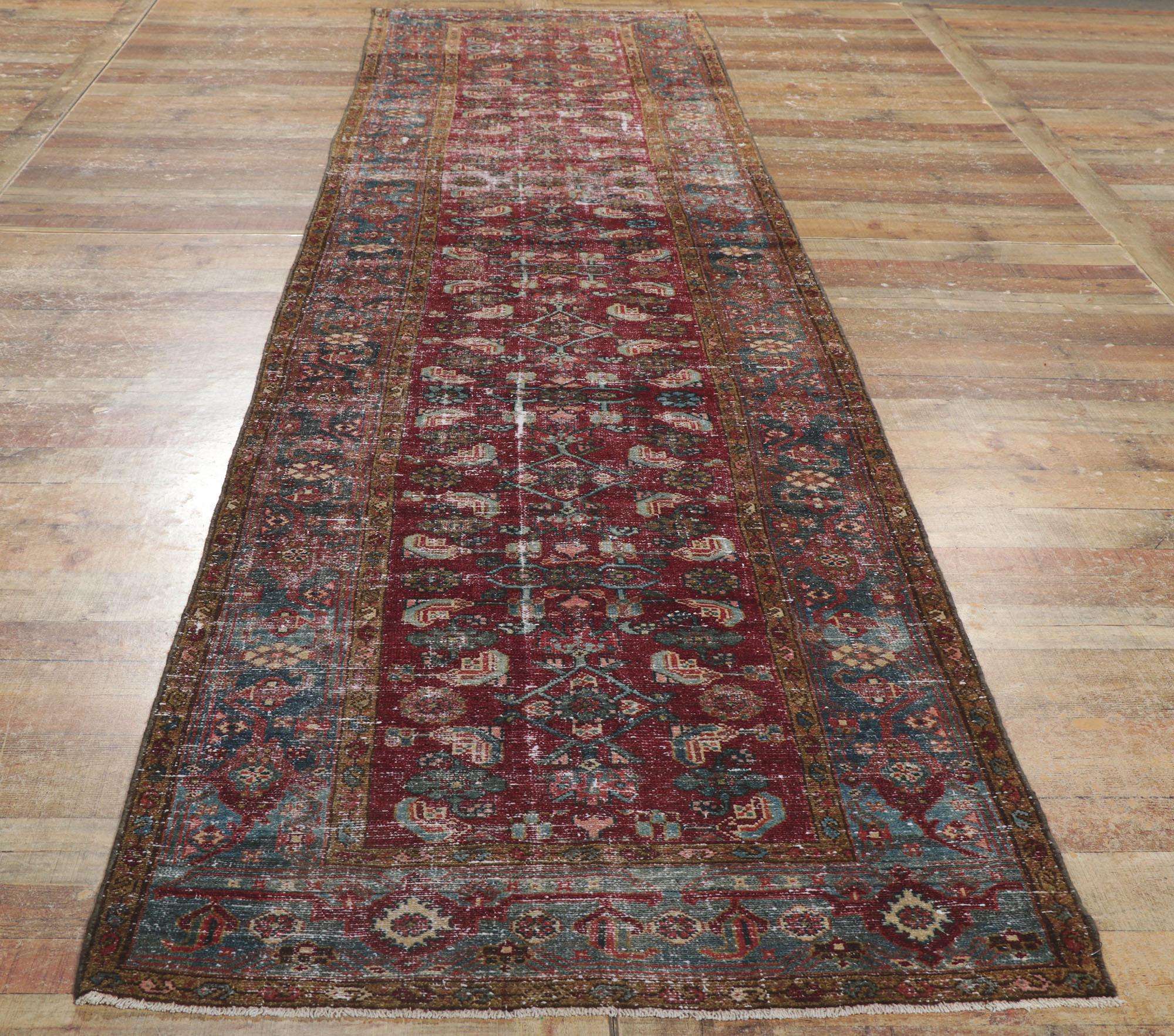 Distressed Antique Persian Malayer Runner with Herati Pattern For Sale 1