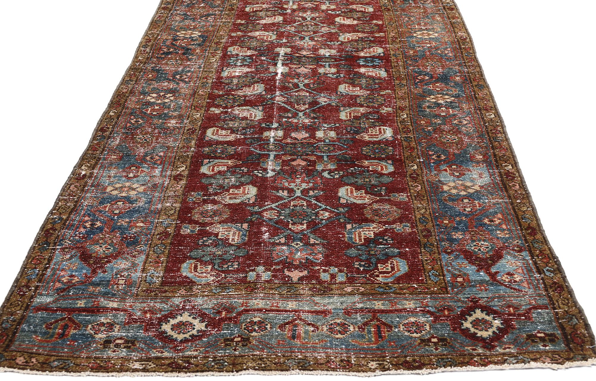 Distressed Antique Persian Malayer Rug Carpet Runner In Distressed Condition For Sale In Dallas, TX
