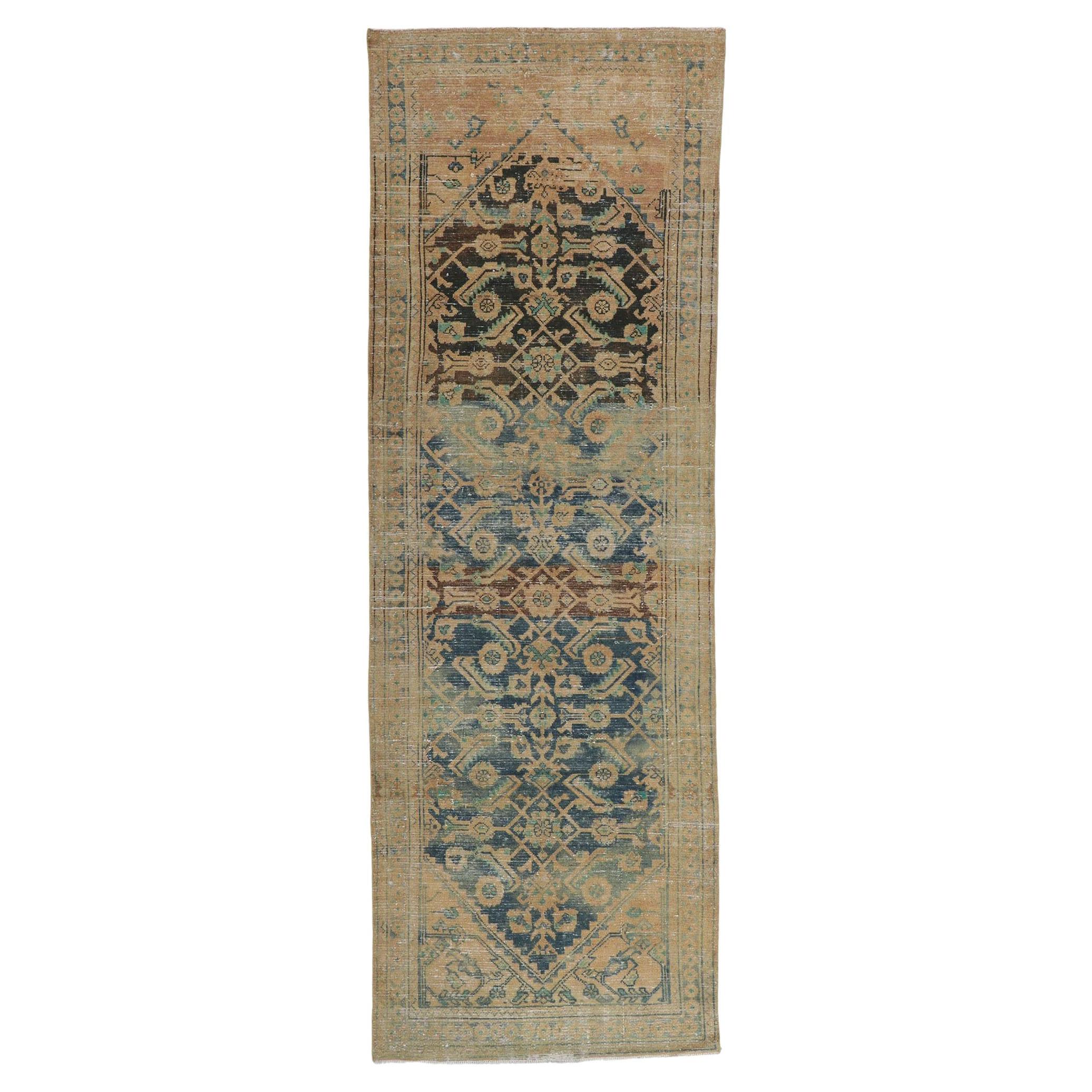 Distressed Antique Persian Malayer Runner with Herati Pattern For Sale