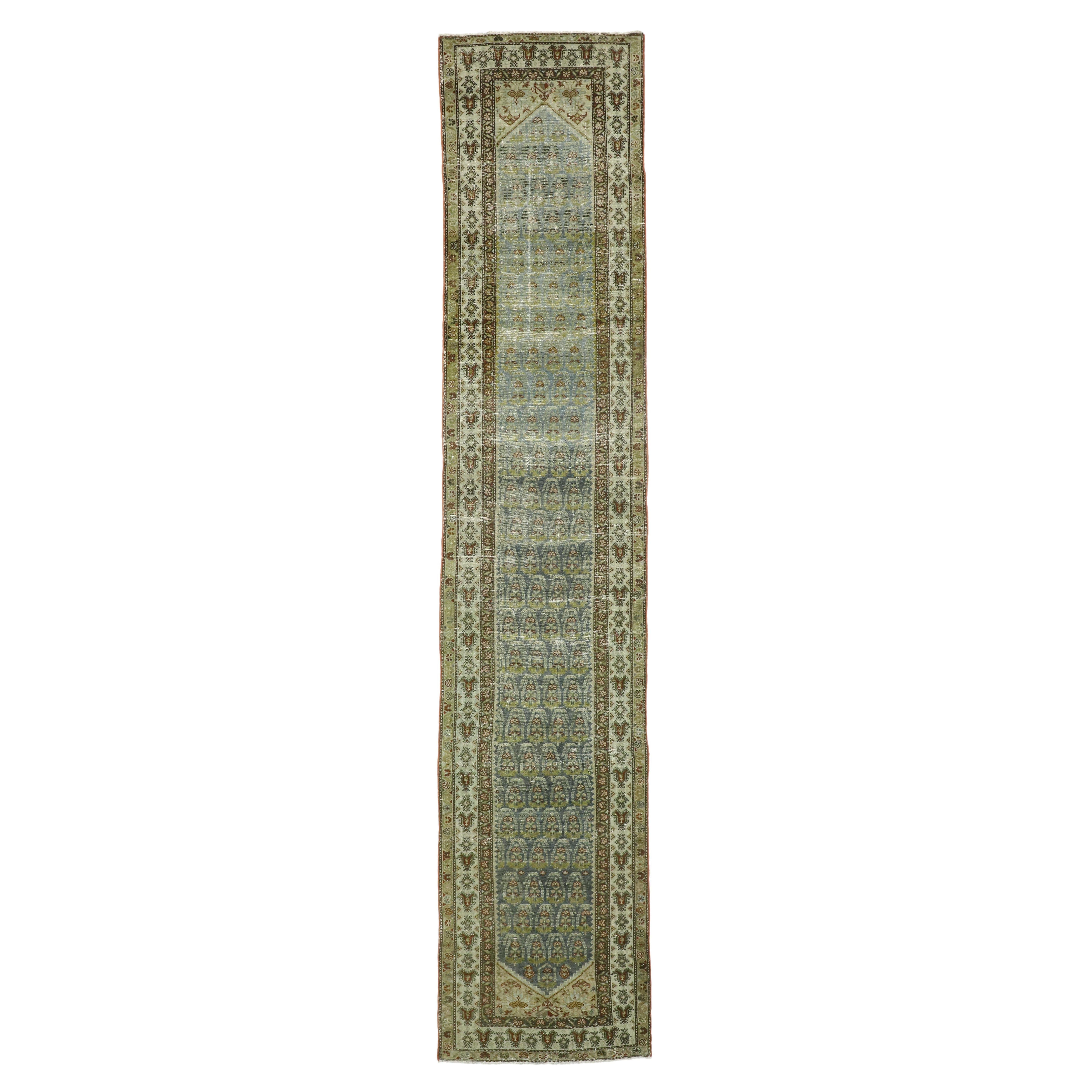 Distressed Antique Persian Malayer Runner with Modern Gustavian Style For Sale