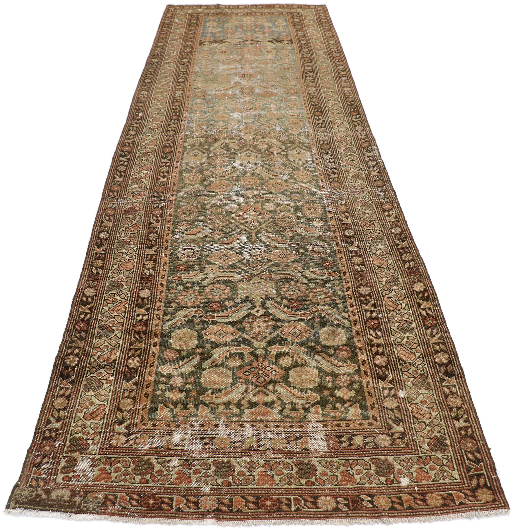 Hand-Knotted Distressed Antique Persian Malayer Runner with Modern Rustic Industrial Style For Sale