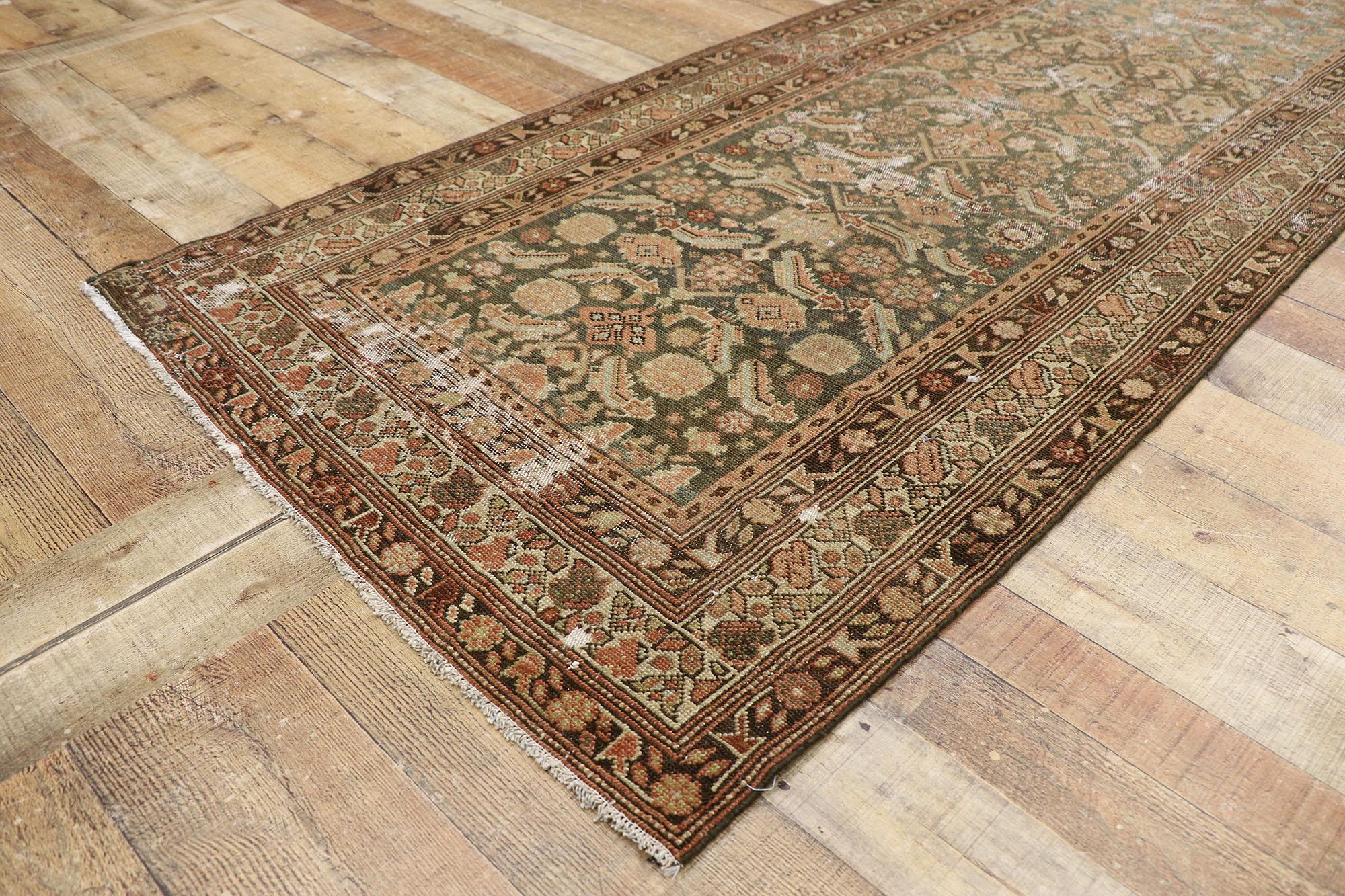 Wool Distressed Antique Persian Malayer Runner with Modern Rustic Industrial Style For Sale