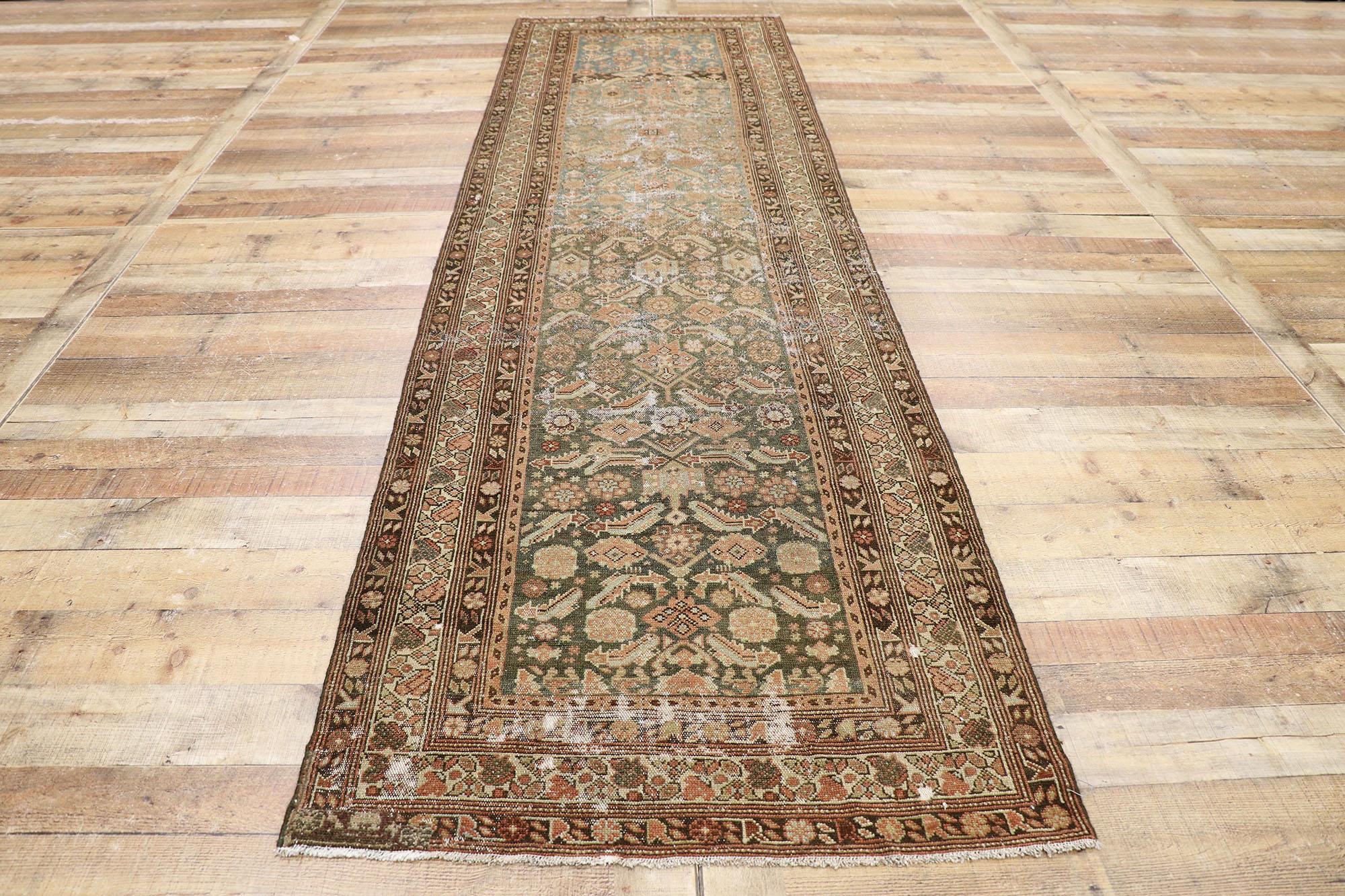 Distressed Antique Persian Malayer Runner with Modern Rustic Industrial Style For Sale 1