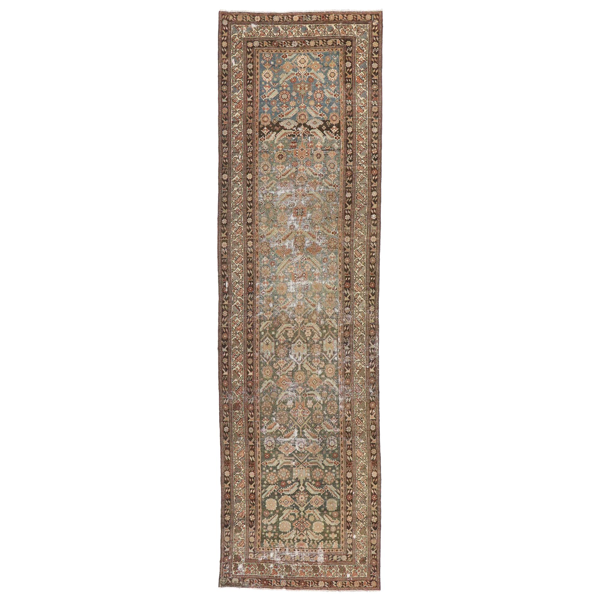 Distressed Antique Persian Malayer Runner with Modern Rustic Industrial Style